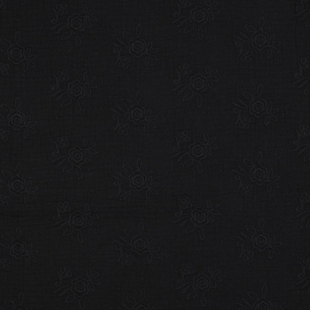 REMNANT 1.08 Metres - Embroidered Flowers Black Cotton Double Gauze