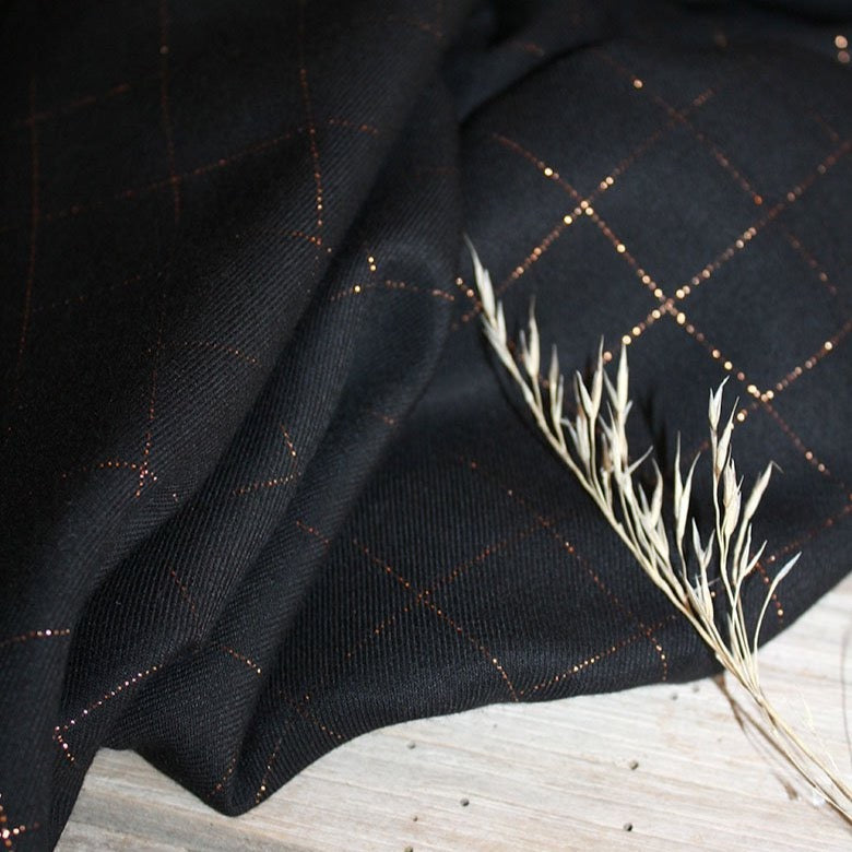 REMNANT 1.7 Metres - Églantine & Zoé - Black With Copper Checked Viscose Twill Fabric