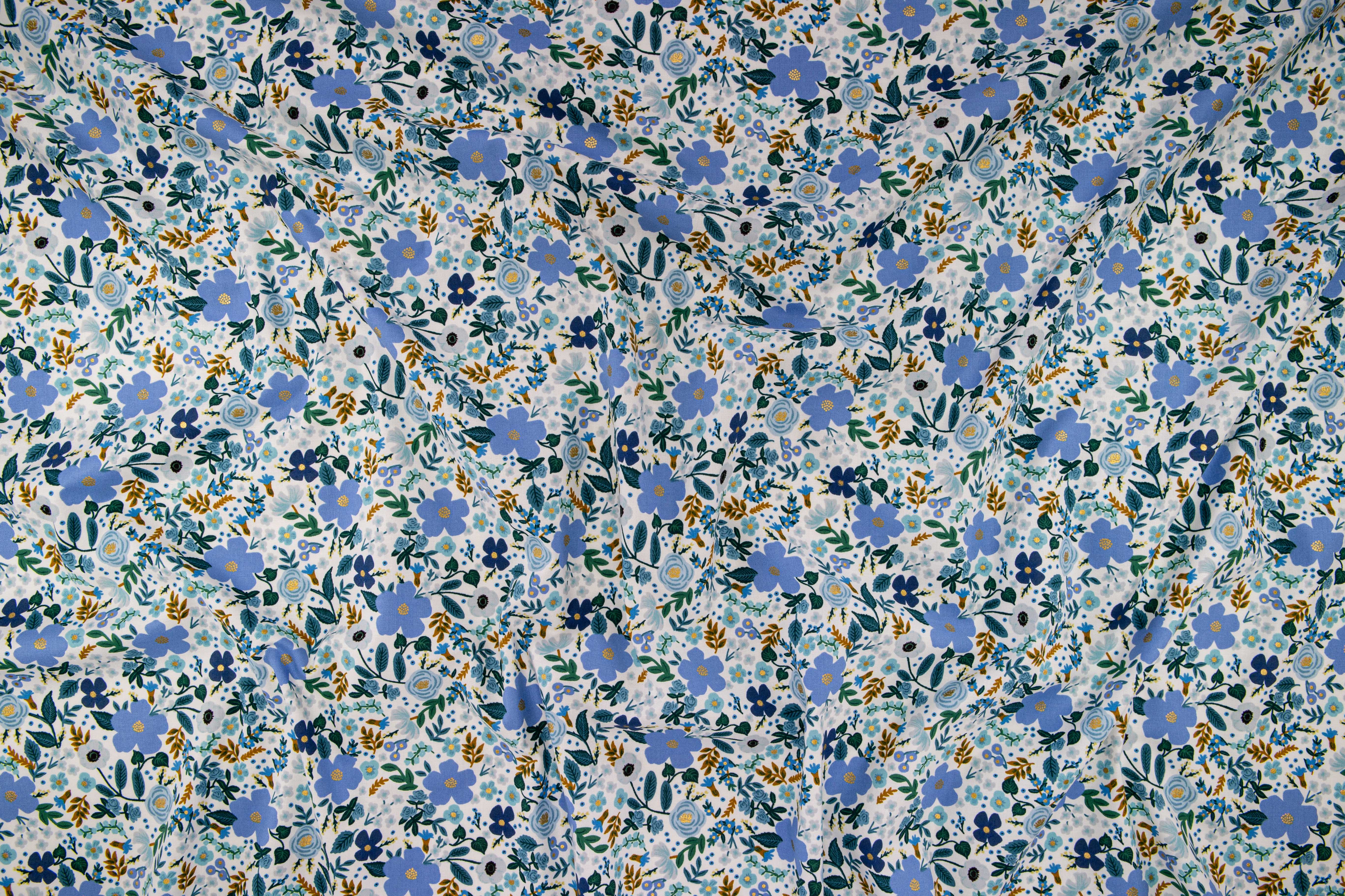 REMNANT 1.94 Metres - Rifle Paper Co - Garden Party Blue Wild Rose Metallic Cotton Fabric