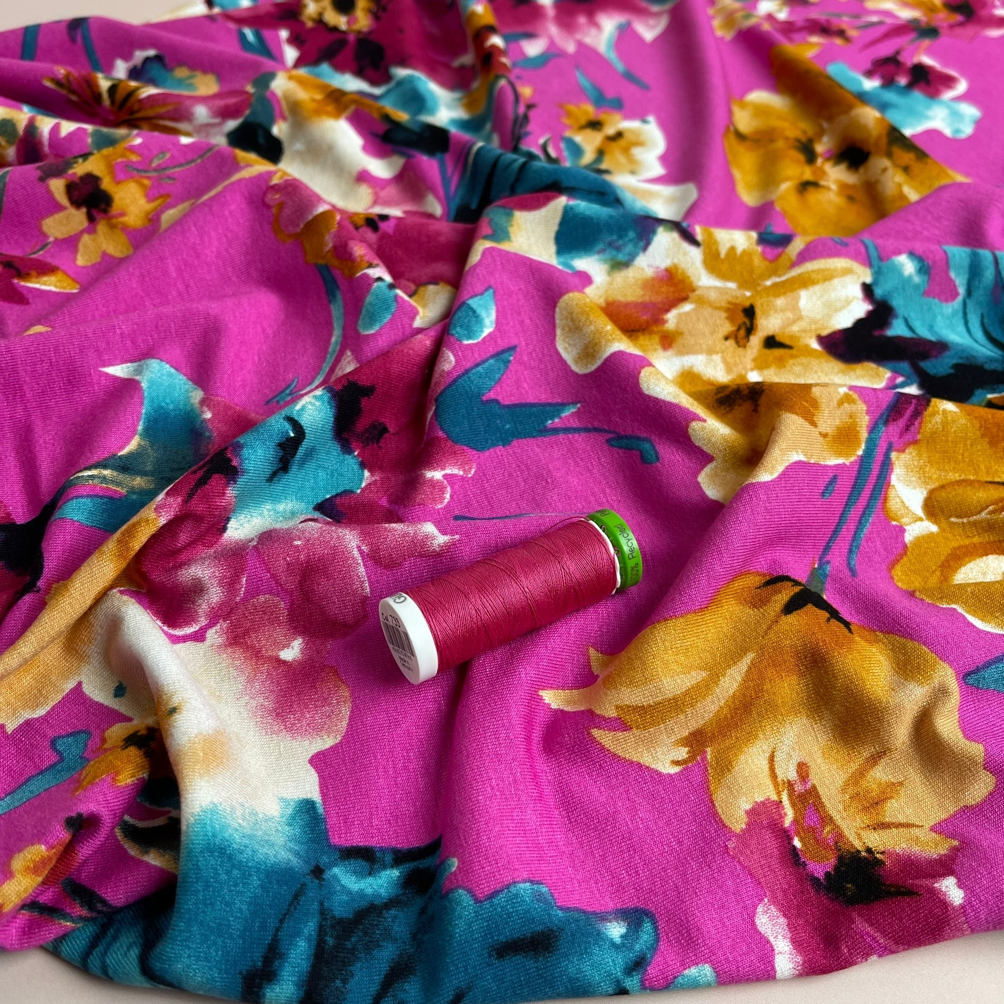 REMNANT 2.60 metres - Watercolour Blooms Fuchsia Viscose Jersey Fabric