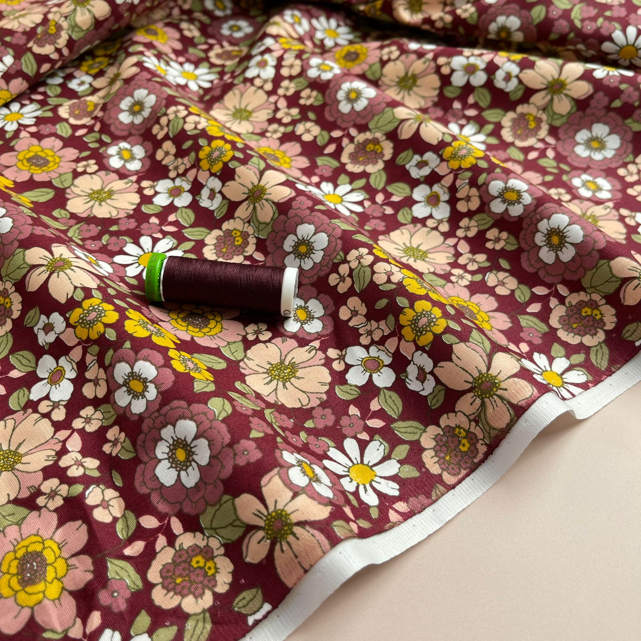 Blooms on Burgundy Cotton Poplin Fabric