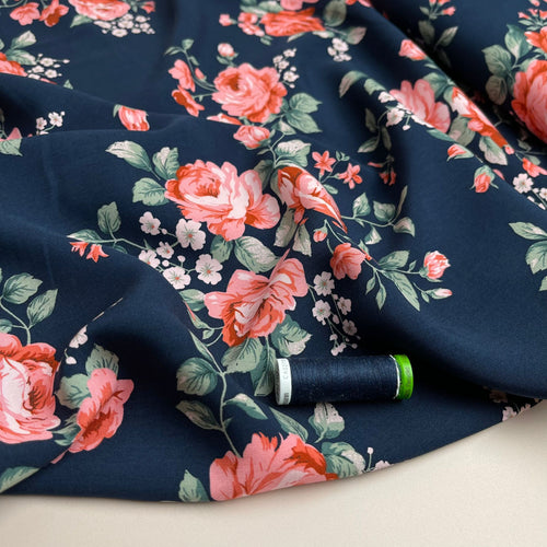 REMNANT 1.62 Metres - Roses on Navy Viscose Fabric