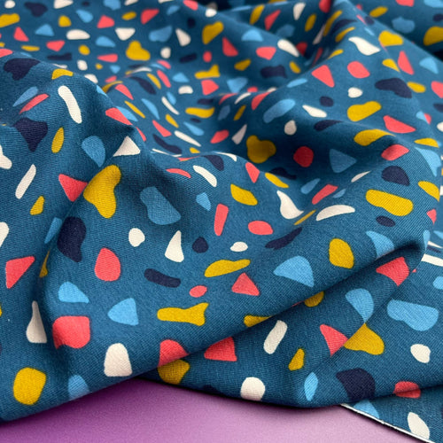 Joyful Terrazzo Teal GOTS Organic Cotton Jersey Fabric