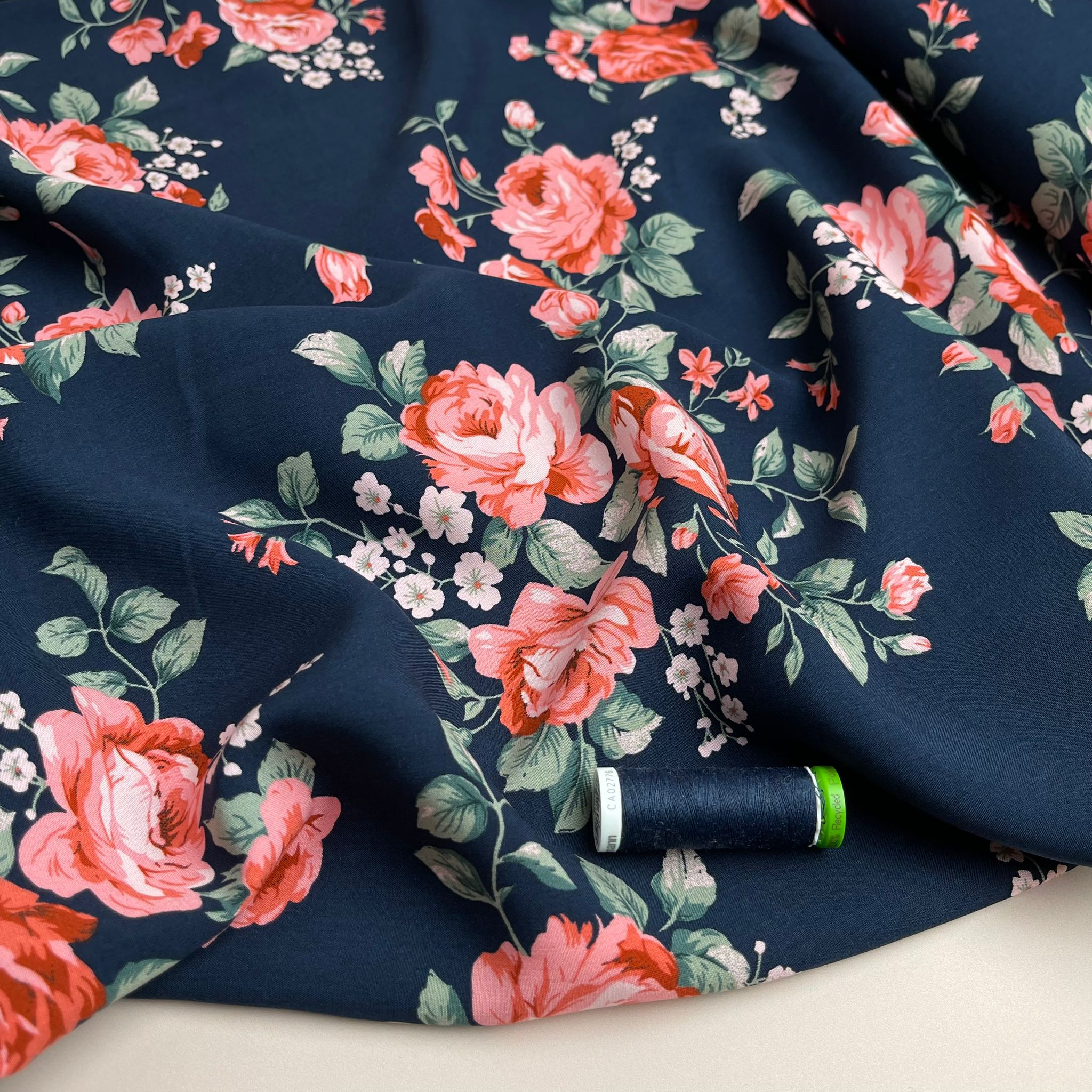 REMNANT 1.62 Metres - Roses on Navy Viscose Fabric