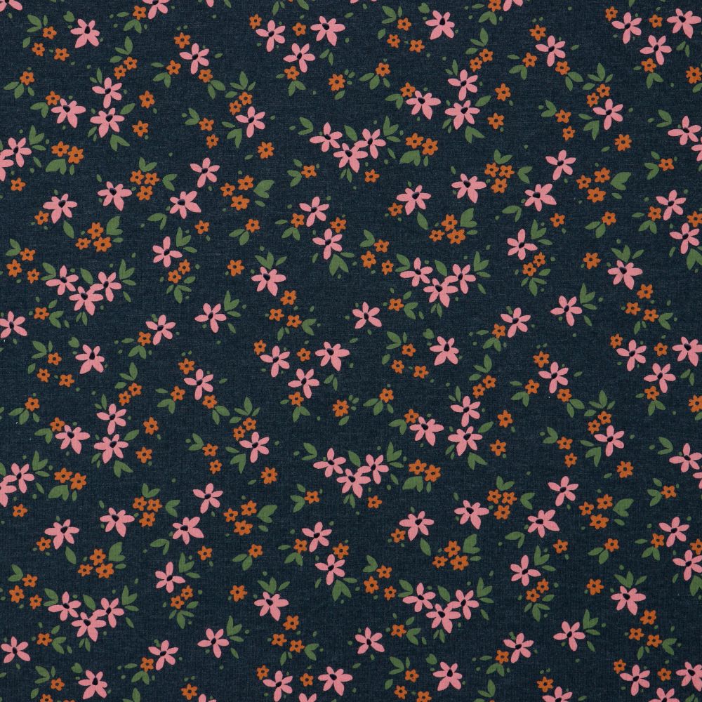 Pink Flowers on Navy Melange Jersey Fabric