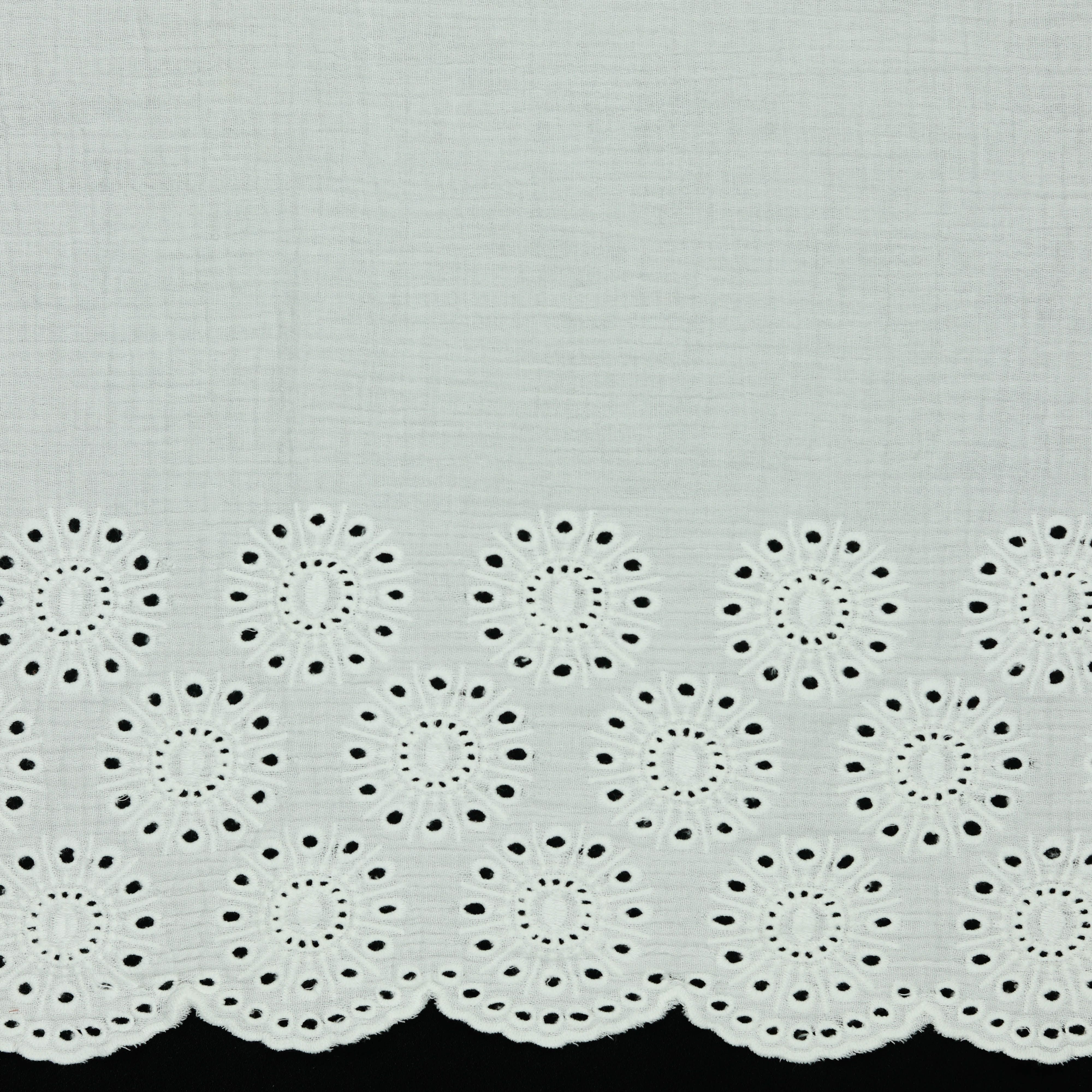 Scalloped Sunflower Border Embroidered Cotton Double Gauze in White