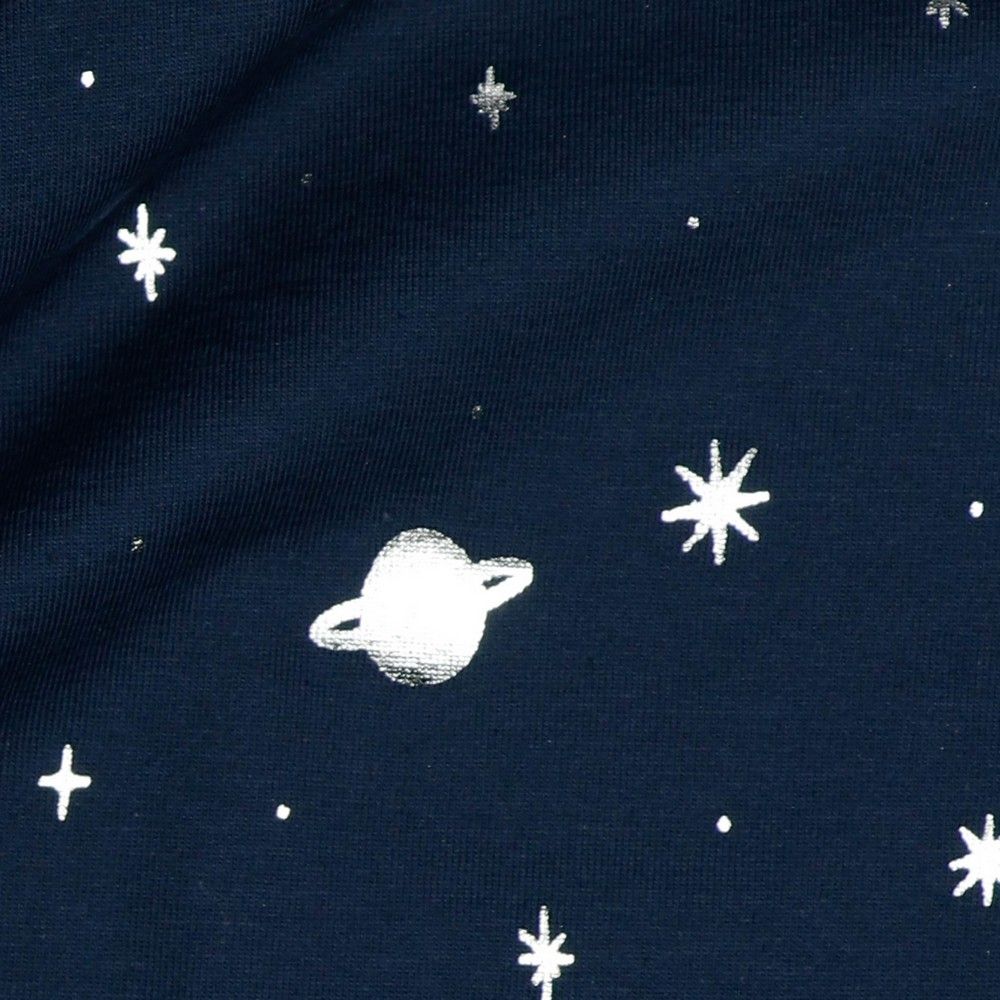 Silver Planets on Navy Cotton Jersey Fabric