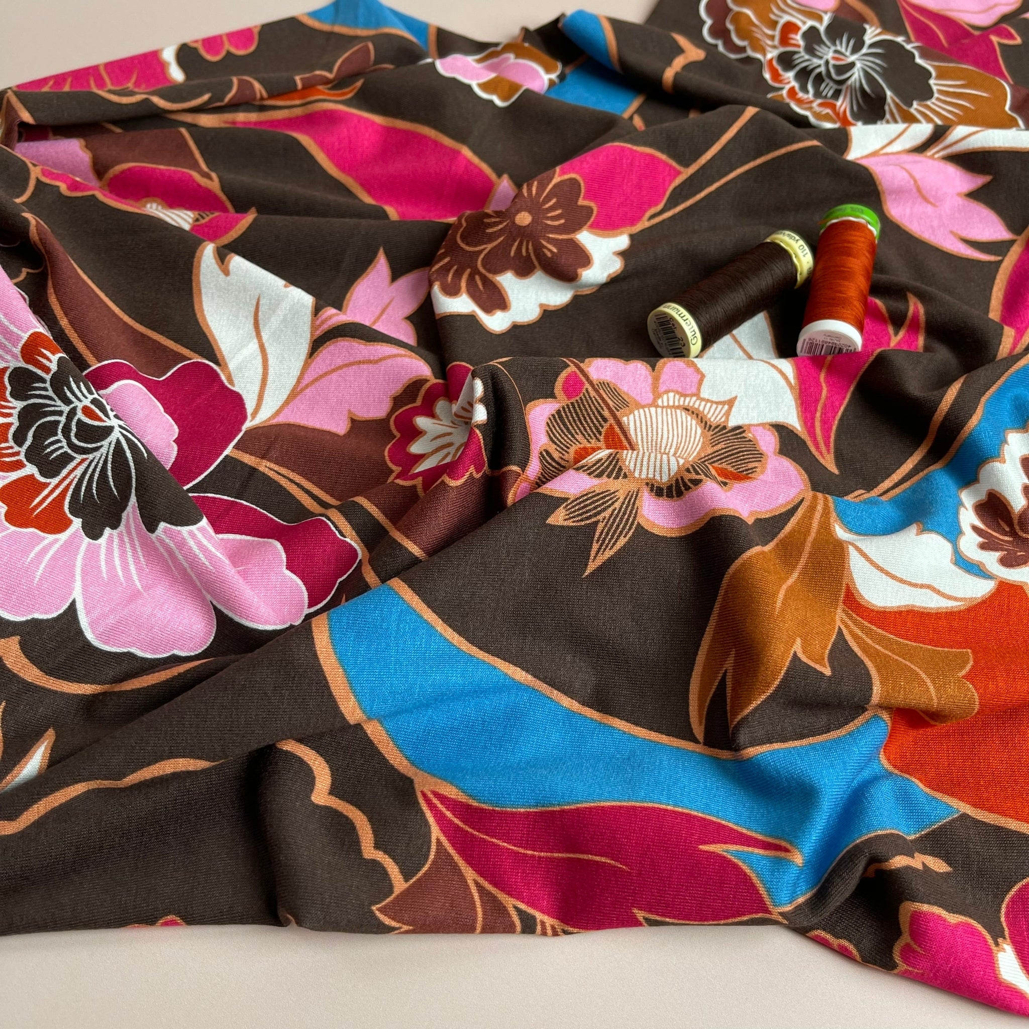 Graphic Floral Dark Brown Viscose Jersey Fabric