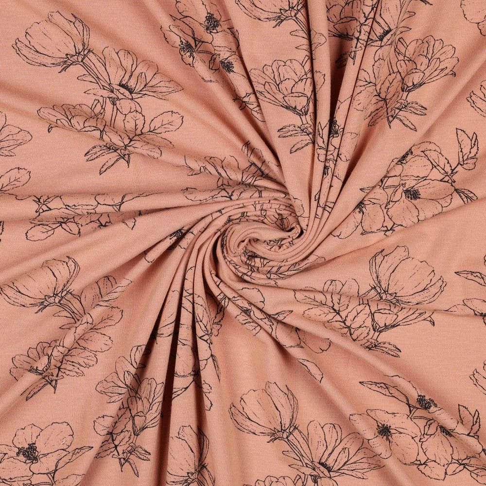 Botanical Flowers in Peach Bamboo Cotton Jersey