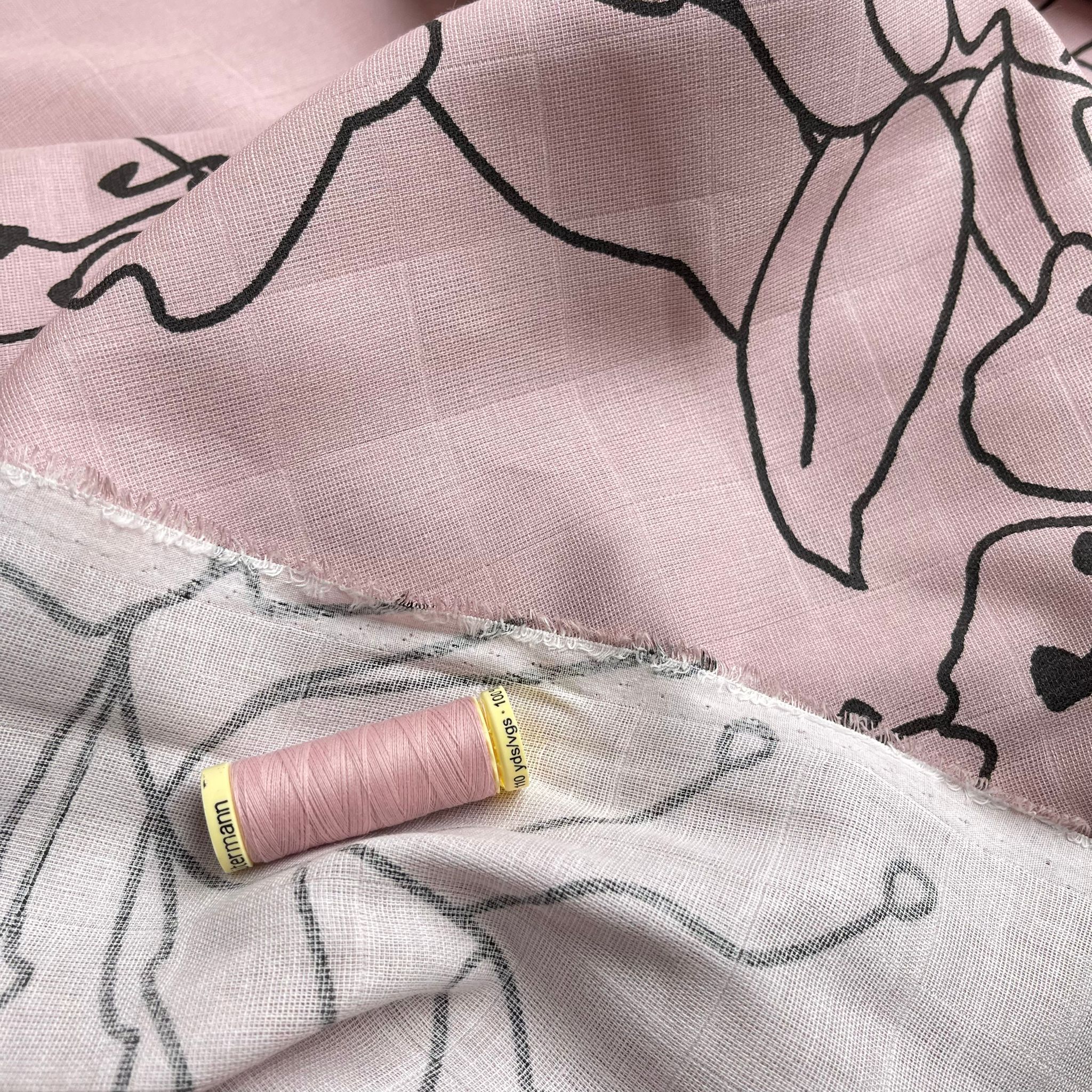 Fibre Mood Floral Outline on Pink Cotton Double Gauze