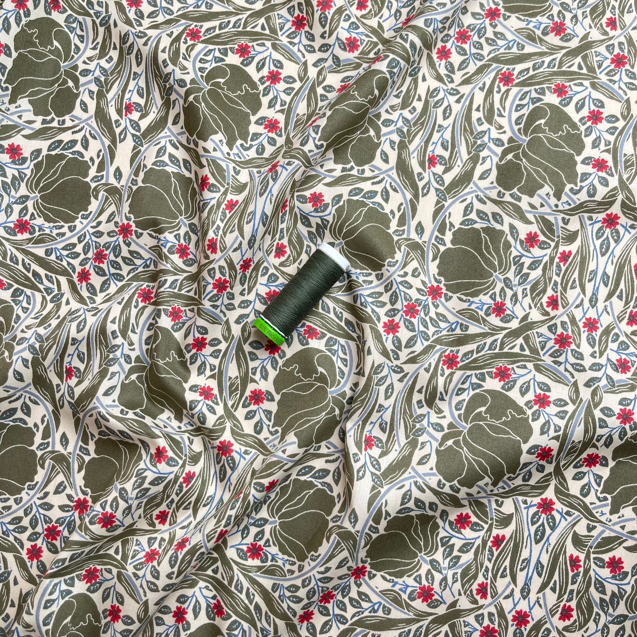 Entwined Flowers Khaki Green Cotton Lawn Fabric