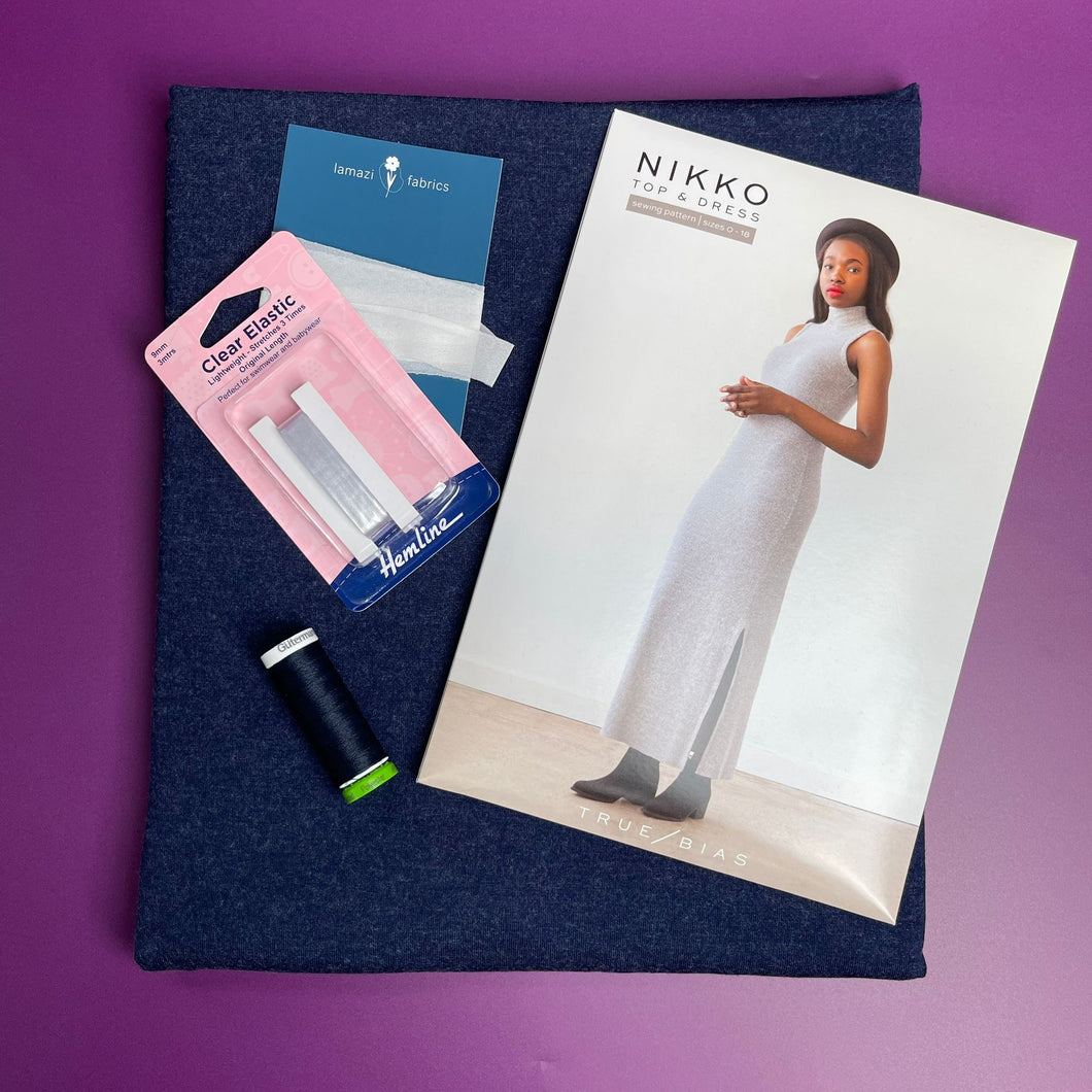Sewing Kit -True Bias Nikko Kit with Allure Navy Soft Single Knit Fabric
