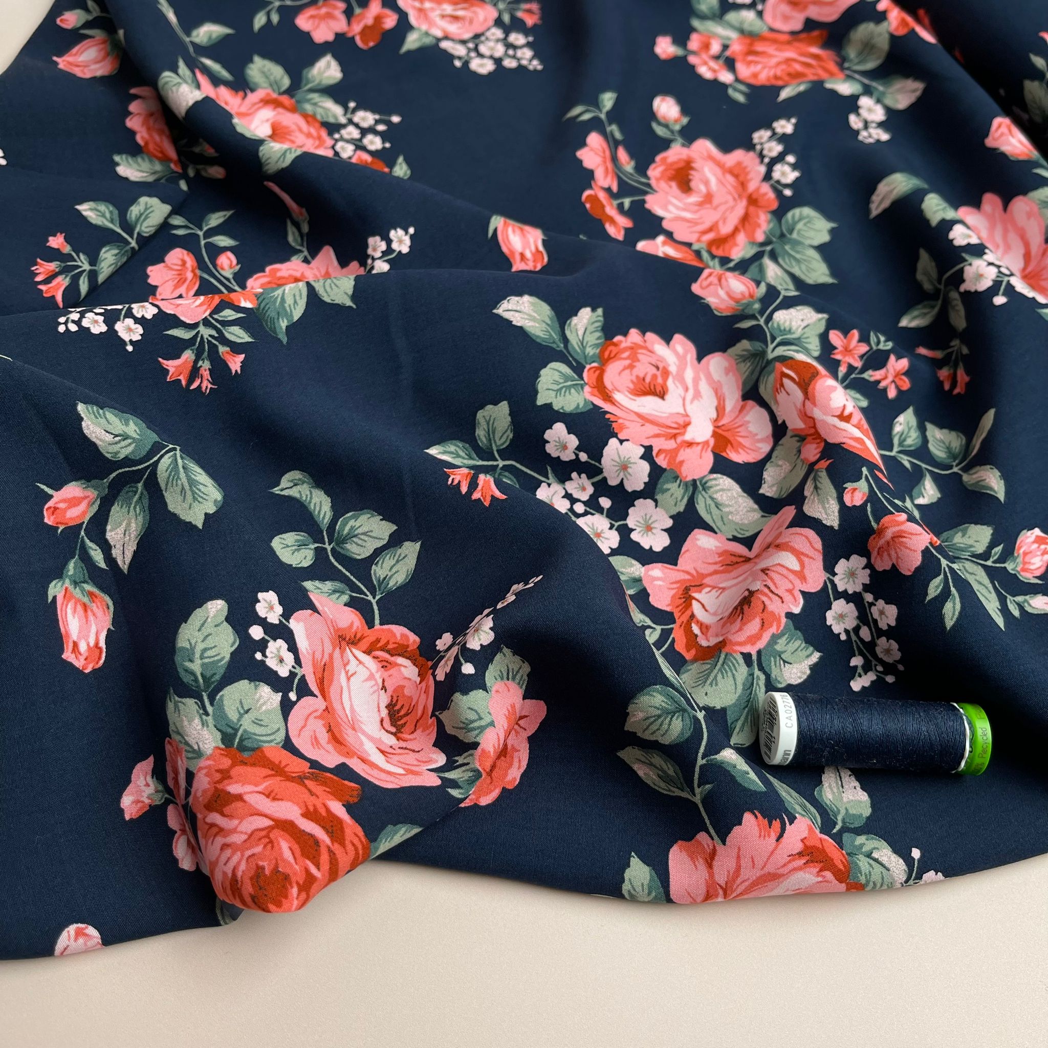 REMNANT 1.62 Metres - Roses on Navy Viscose Fabric