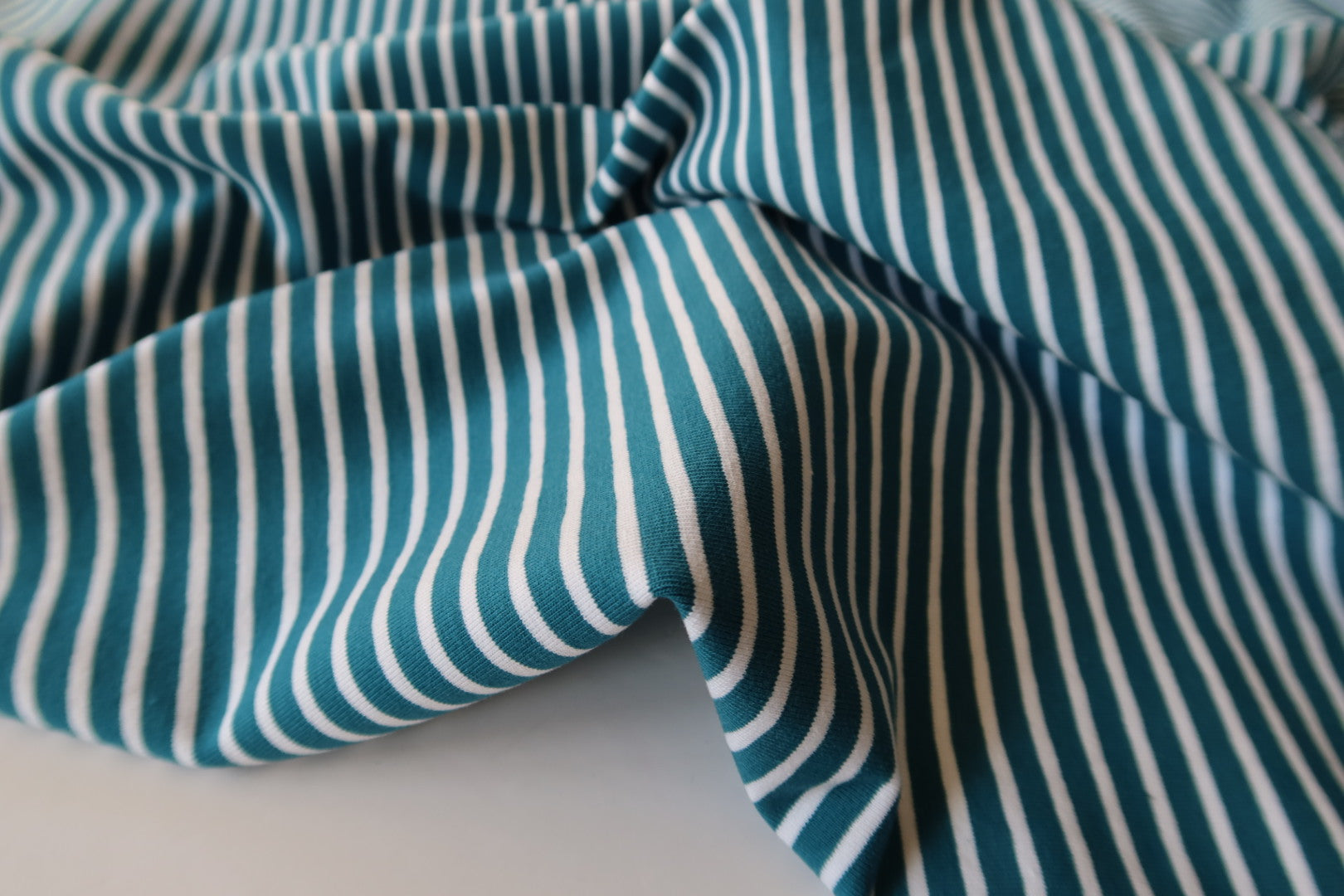 Teal with White Small Stripe Cotton Jersey Fabric