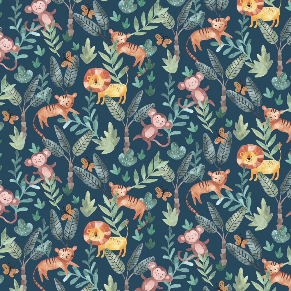 Jungle Animals Blue Cotton Jersey Fabric