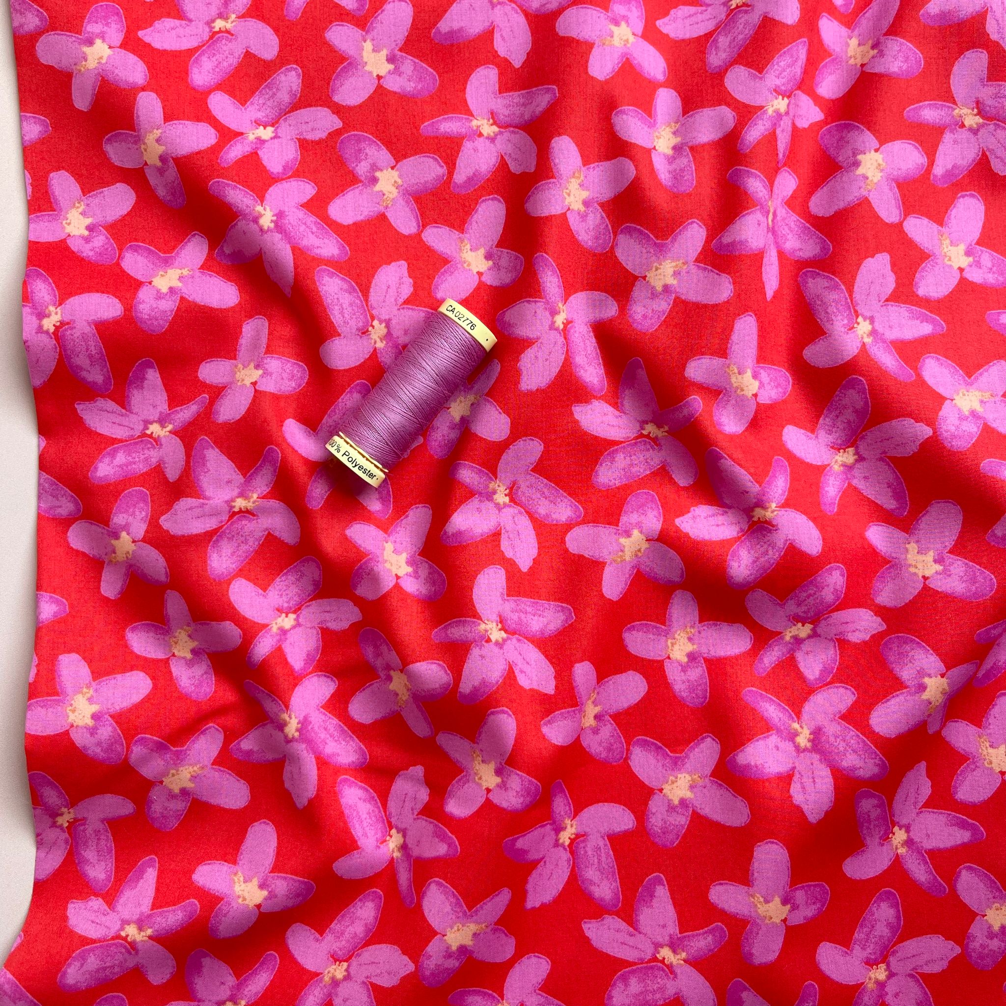 Painted Pink Flowers on Red Cotton Lawn Fabric