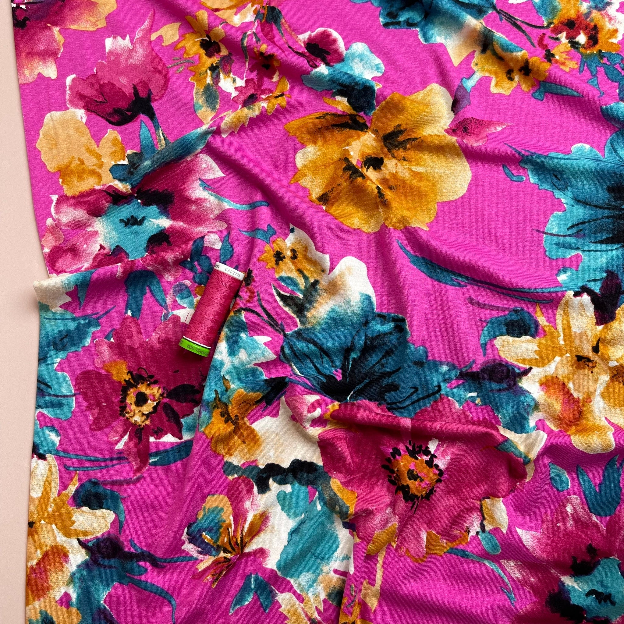 REMNANT 2.60 metres - Watercolour Blooms Fuchsia Viscose Jersey Fabric