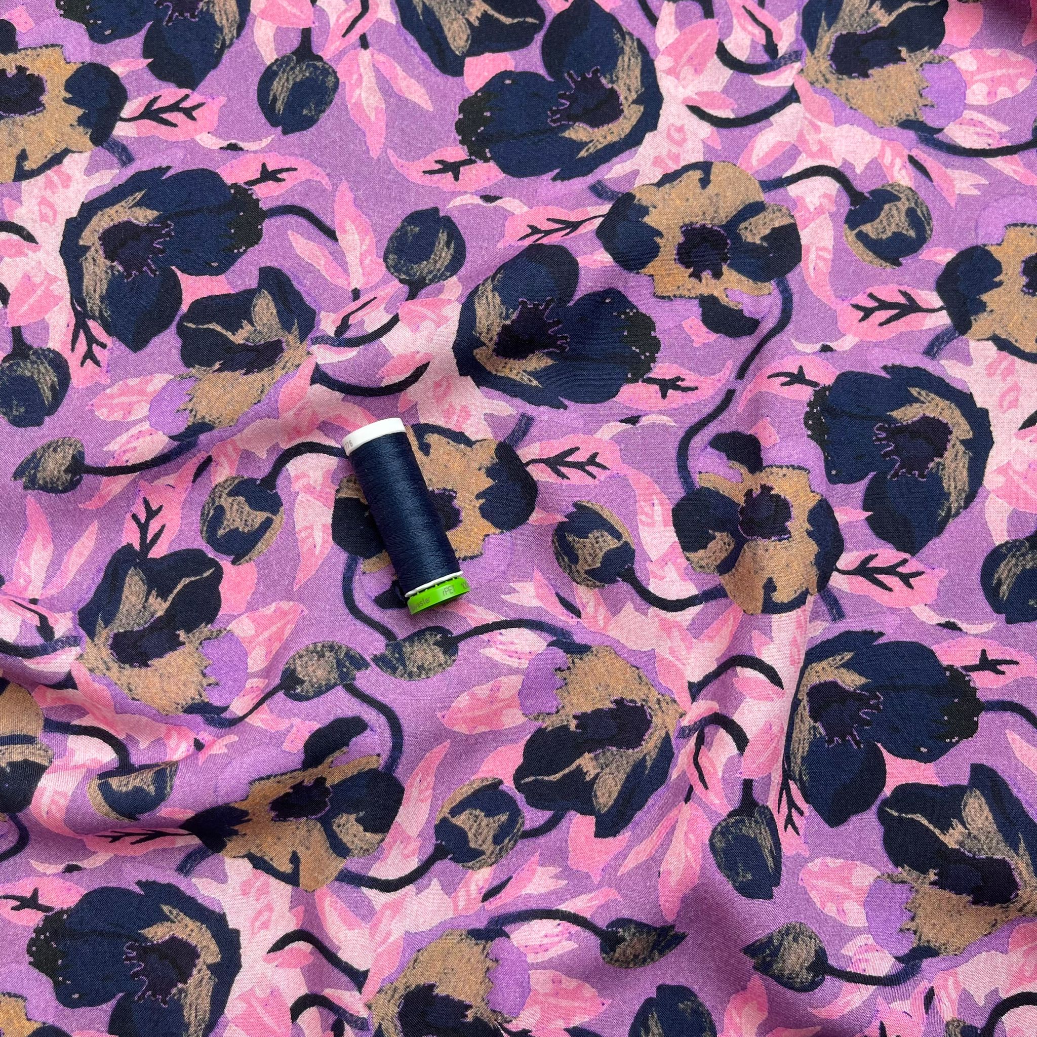 Navy Poppy on Lilac Viscose Fabric