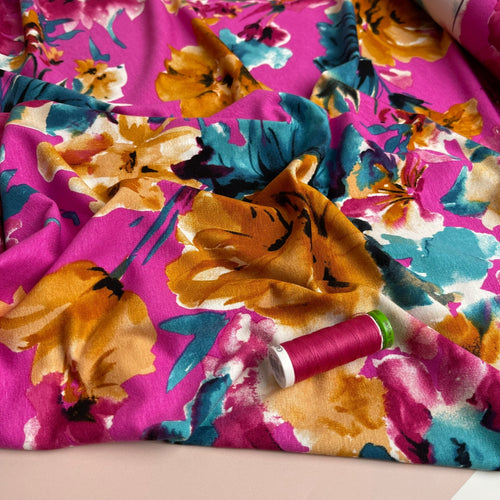Watercolour Blooms Fuchsia Viscose Jersey Fabric