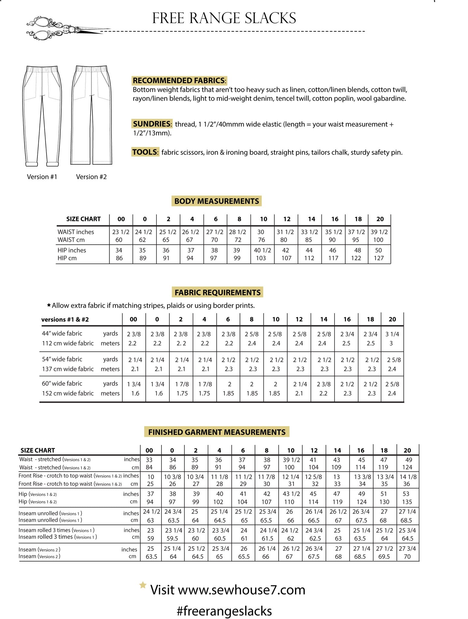 Sew House Seven - Free Range Slacks 00-20 Sewing Pattern (standard)