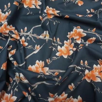 REMNANT 3.15 Metres (with some printing faults) Flora Songbird Navy Cotton Lawn Dress Fabric