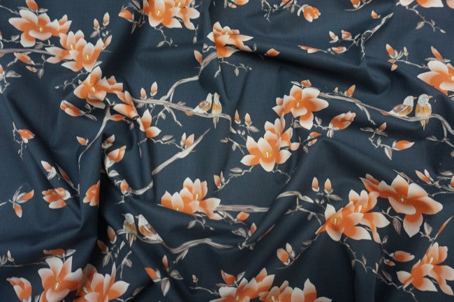 REMNANT 3.15 Metres (with some printing faults) Flora Songbird Navy Cotton Lawn Dress Fabric