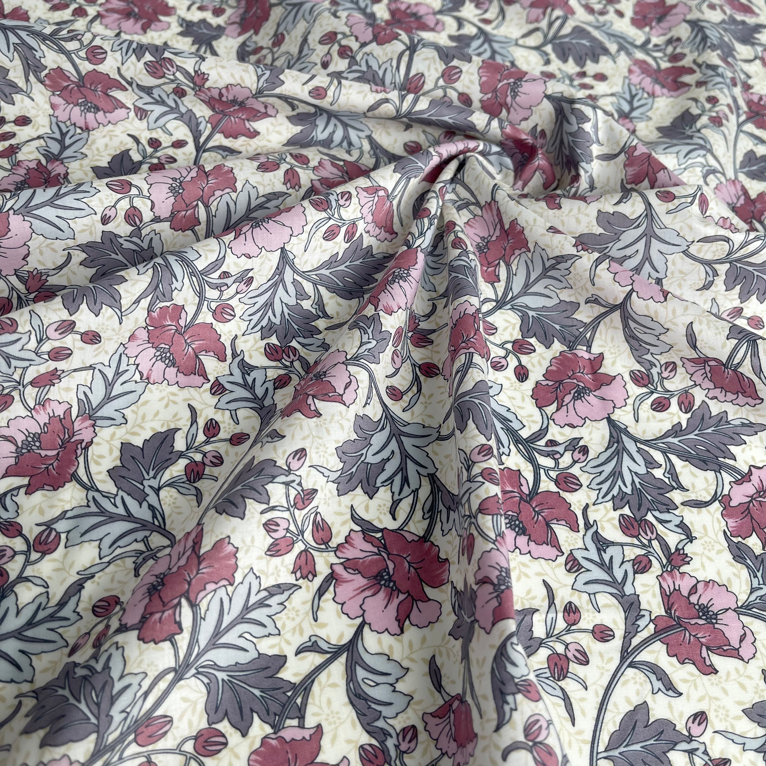 REMNANT 1.85 Metres - Plum Flowers Cotton Lawn Fabric