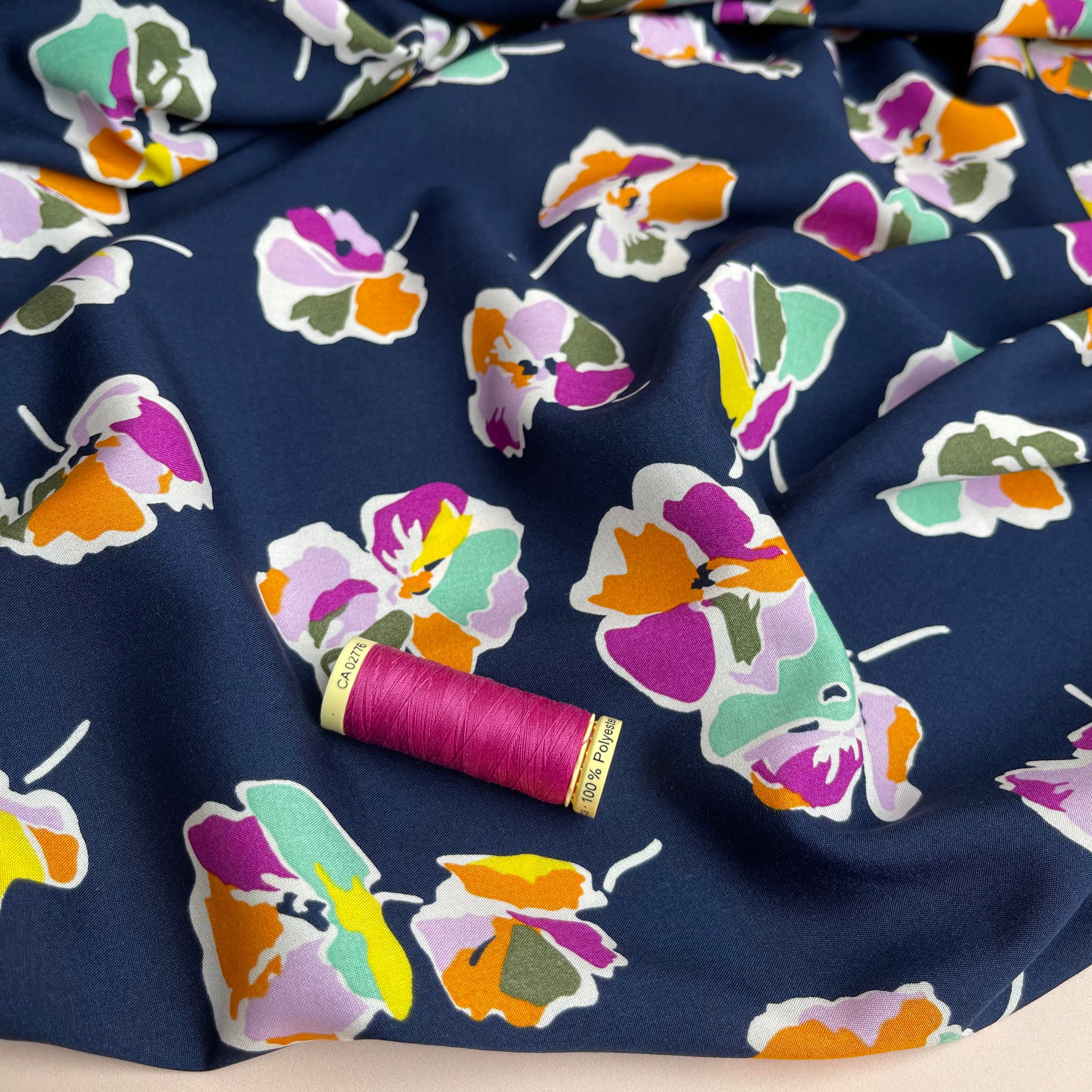 Rainbow Flowers on Navy Viscose Fabric