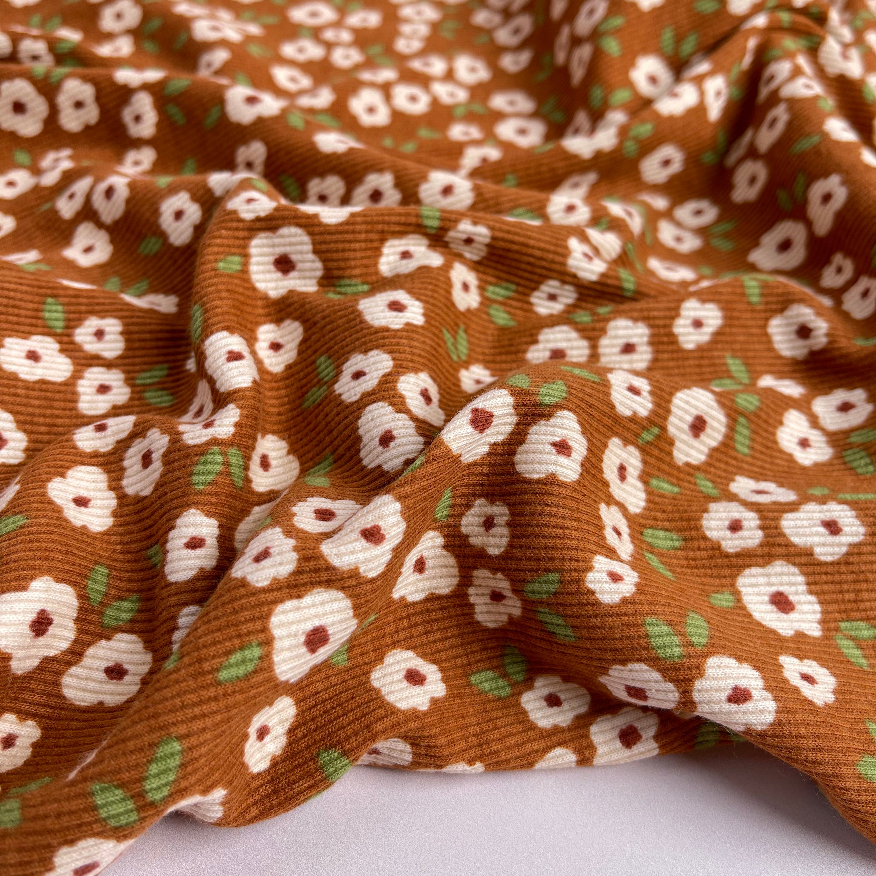 REMNANT 1.63 Metres - Blush Flowers on Cinnamon Cotton Ribbed Jersey