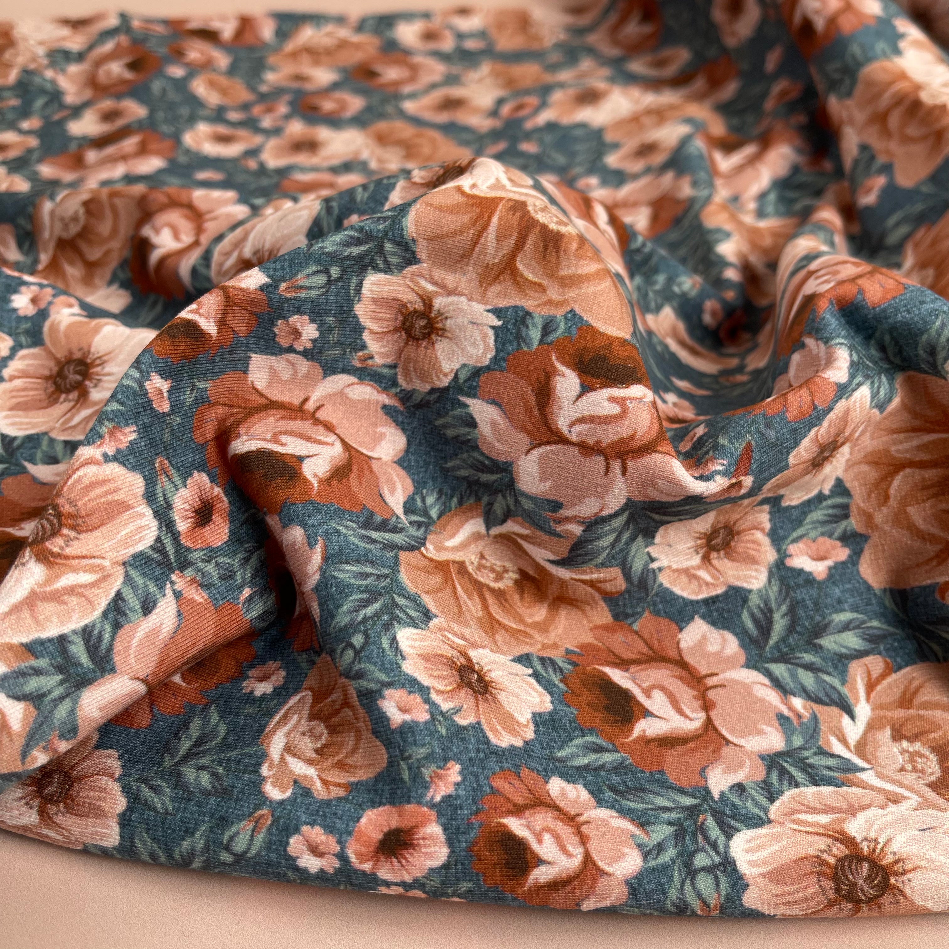 Watercolour Roses Sienna on Light Teal Cotton Sweat-shirting Fabric