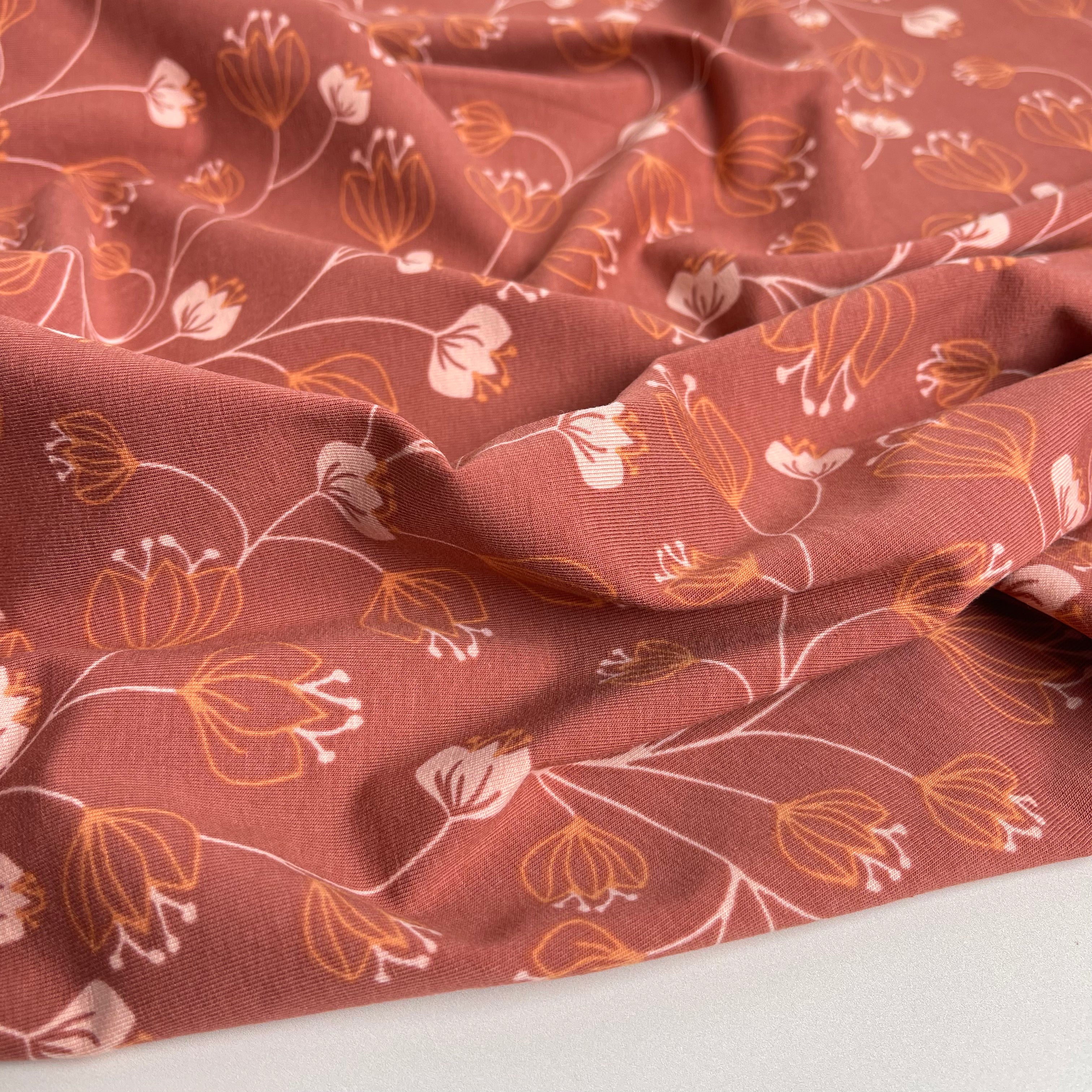 Floral Lines in Cinnamon Cotton Jersey Fabric