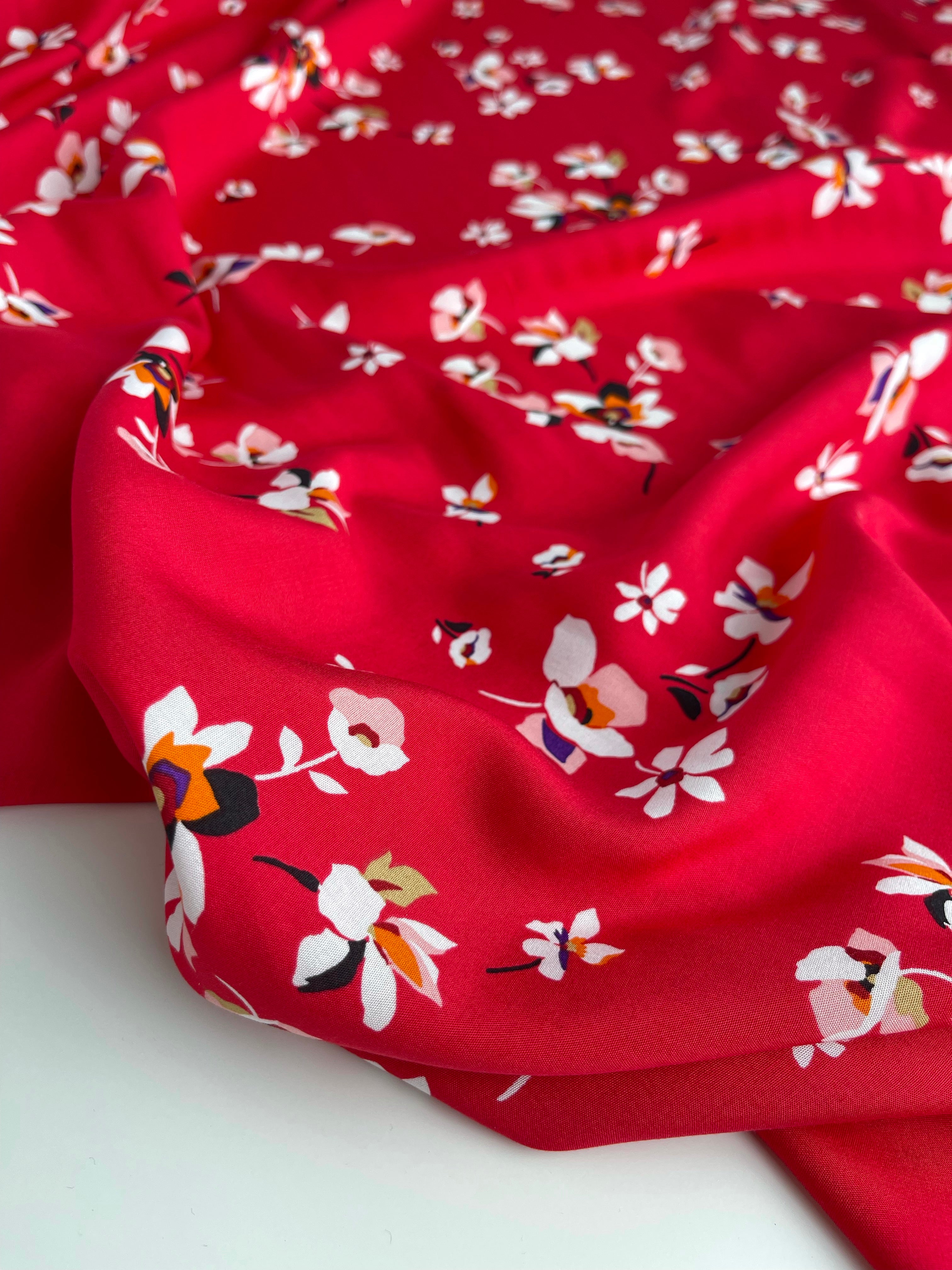 REMNANT 0.55 metre - Flowers on Red Viscose Fabric