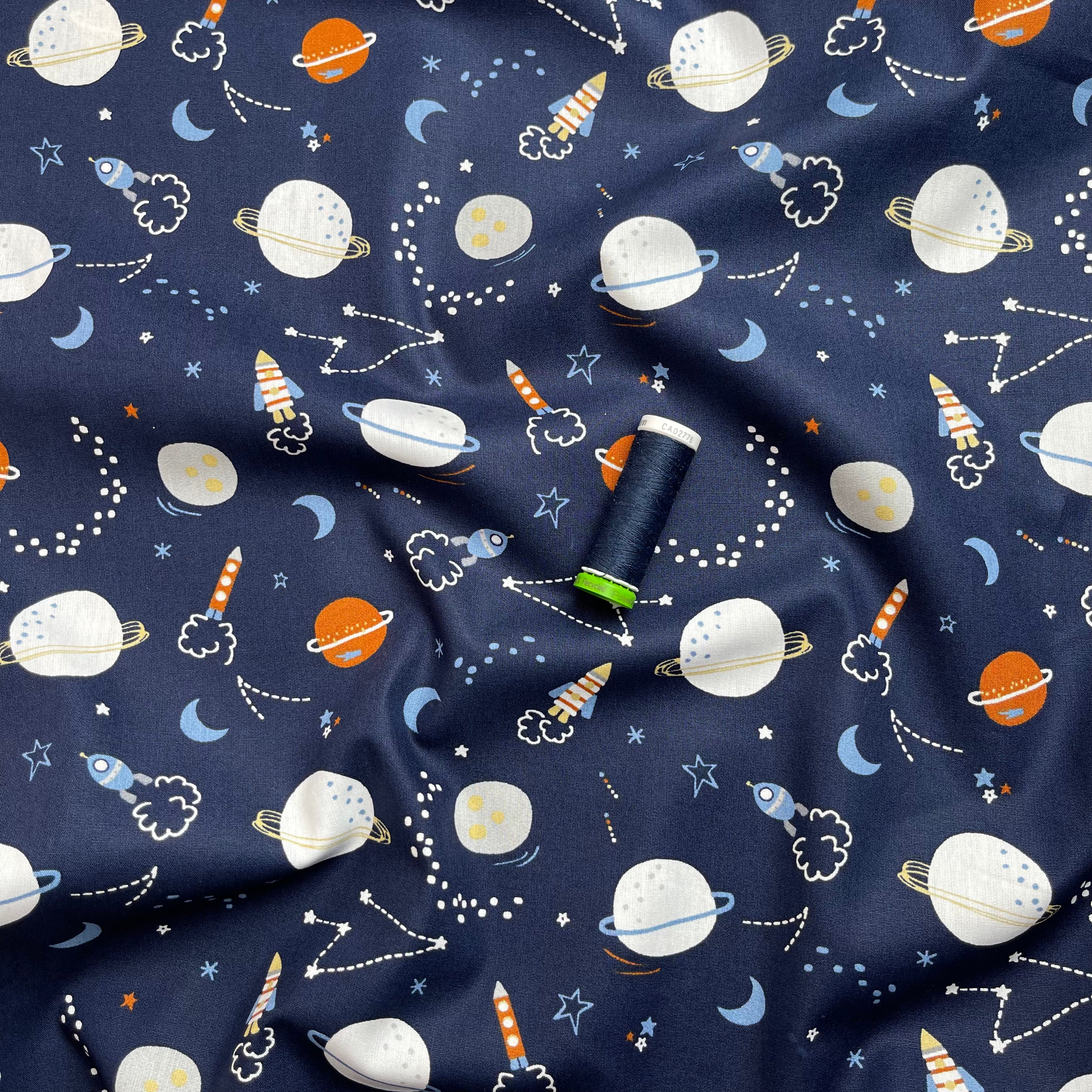 Space on Navy Cotton Poplin Fabric