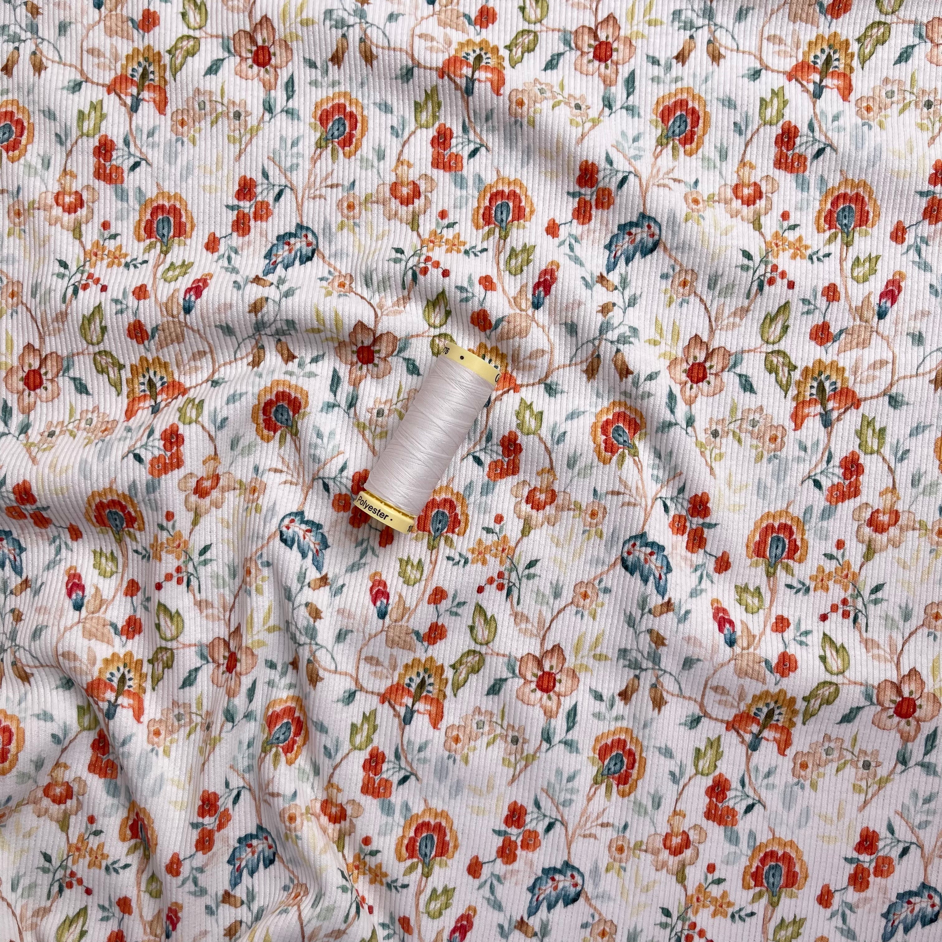 Flowers on White Cotton Ribbed Jersey