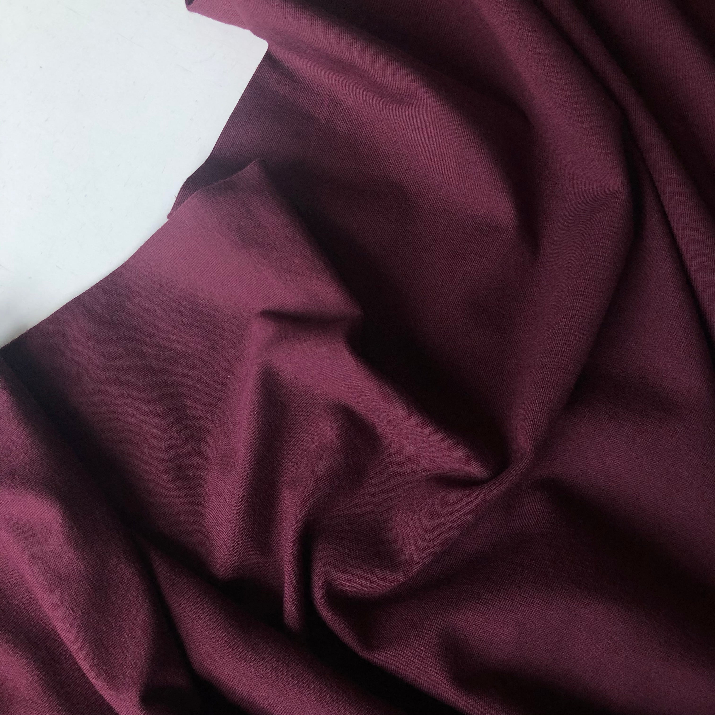 REMNANT 1.35 metres - Essential Chic Aubergine Plain Cotton Jersey Fabric WITH FAULT (pull lines at every 4cm)