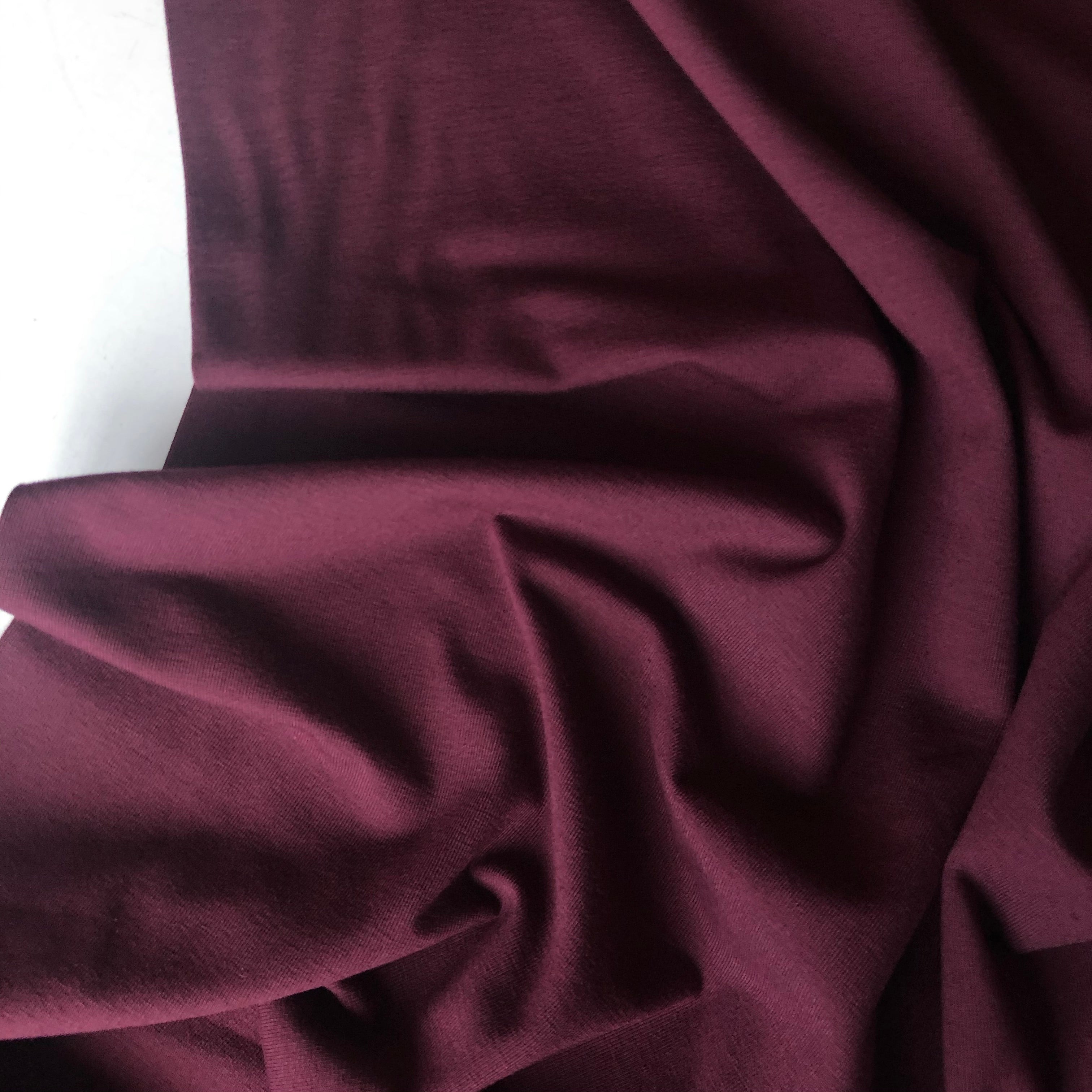 REMNANT 1.35 metres - Essential Chic Aubergine Plain Cotton Jersey Fabric WITH FAULT (pull lines at every 4cm)