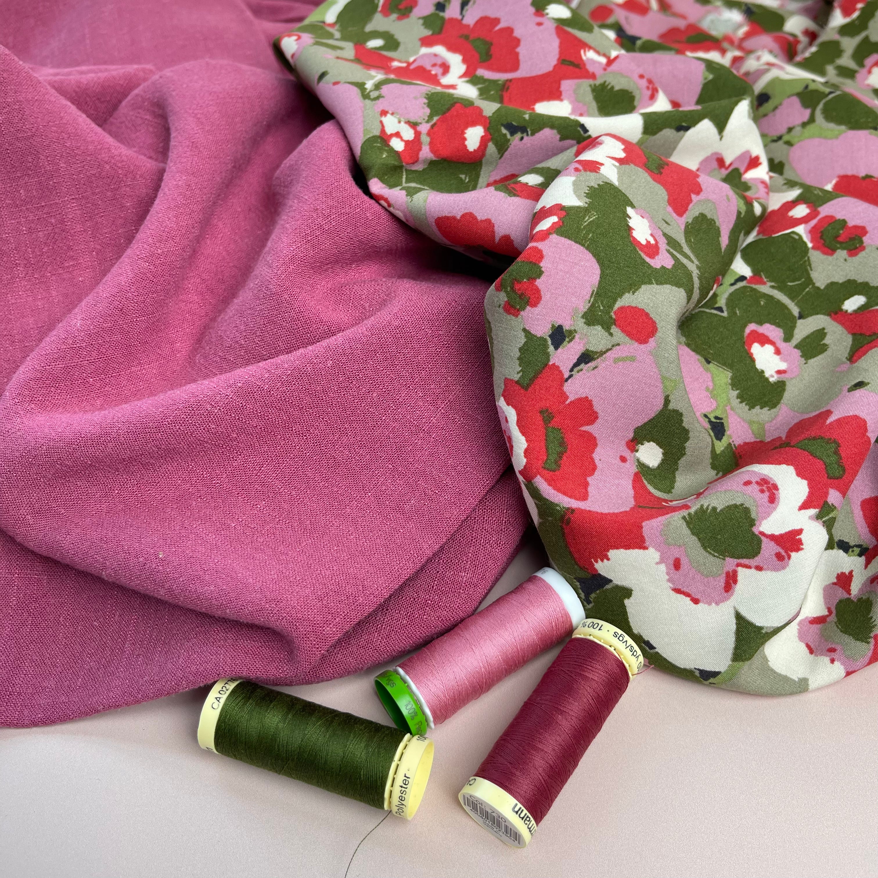 REMNANT 2.64 Metres - Abstract Petals in Pink and Green Viscose Poplin Fabric