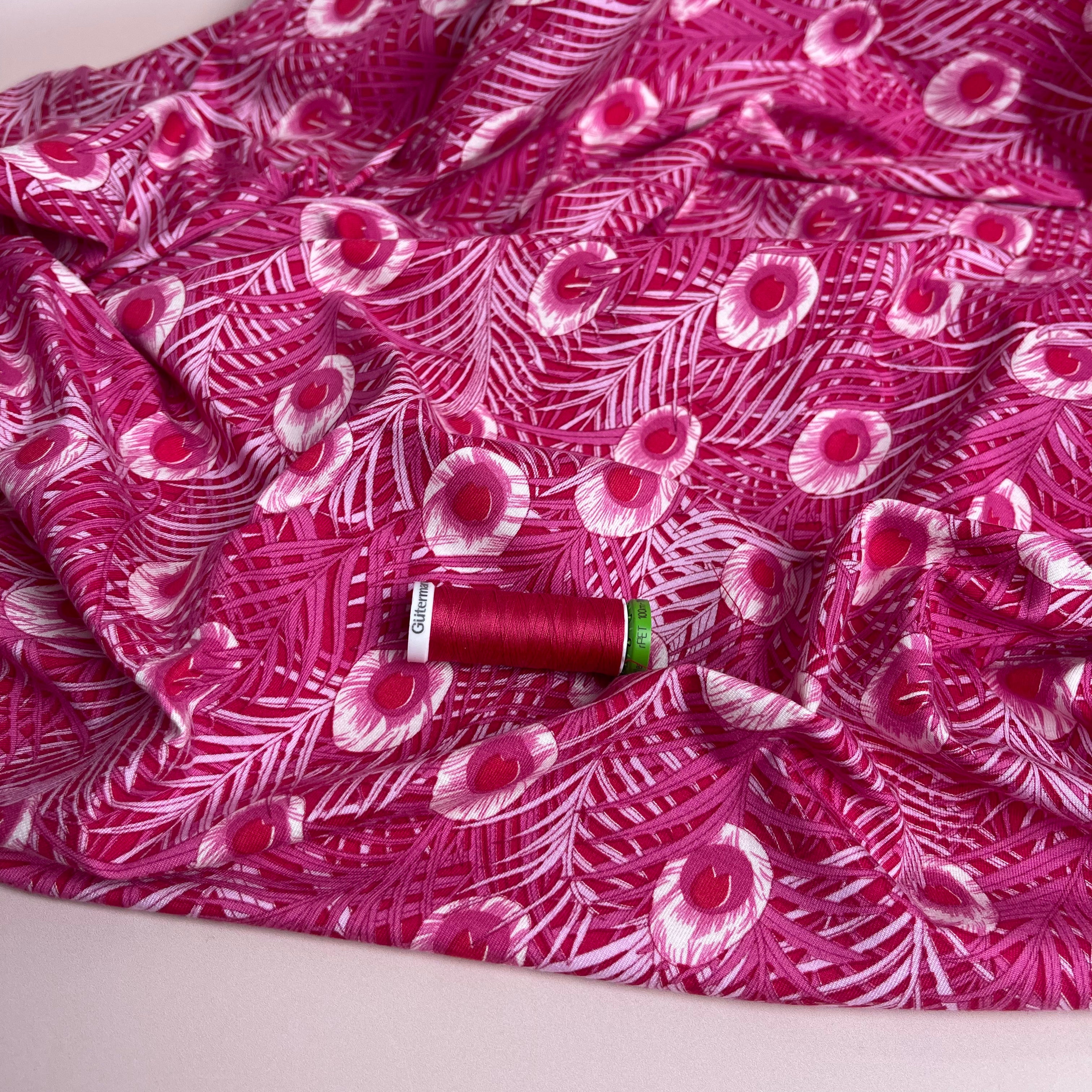 Peacock Feathers Cerise Pink Viscose Jersey Fabric