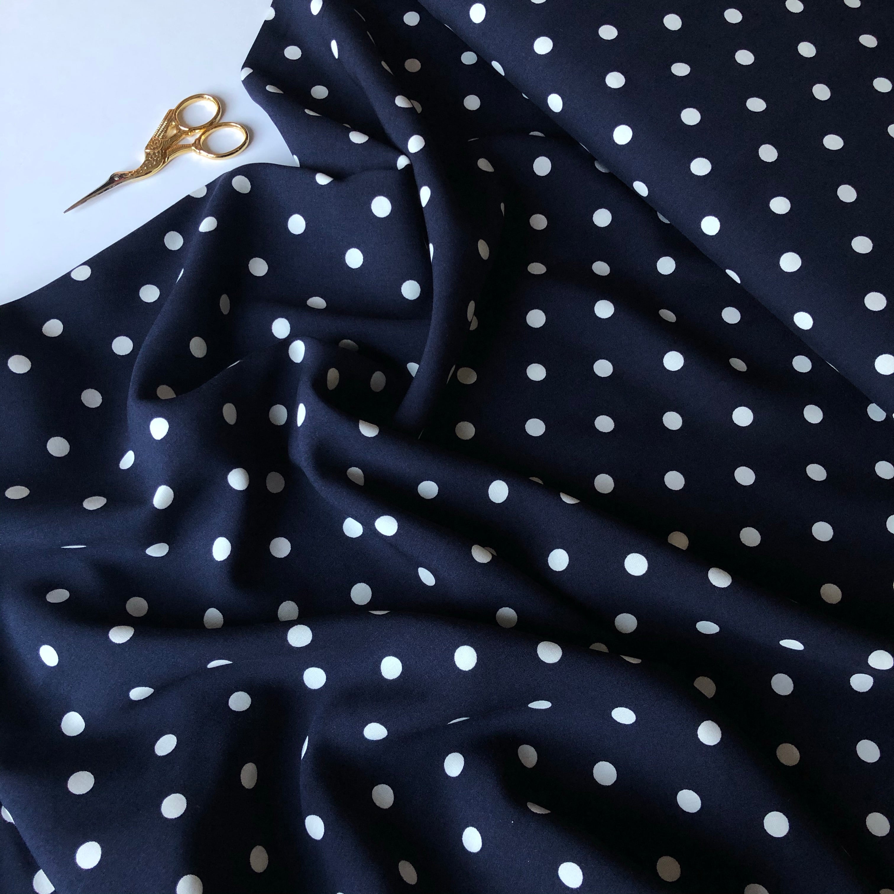 Classic Polka Dot Dark Navy Viscose Fabric
