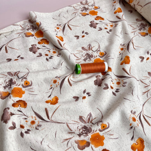 REMNANT 1.03 Metres - Painted Flowers in Orange Linen Cotton Jersey