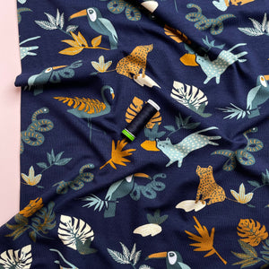 Safari Animals Navy GOTS Organic Cotton Jersey Fabric