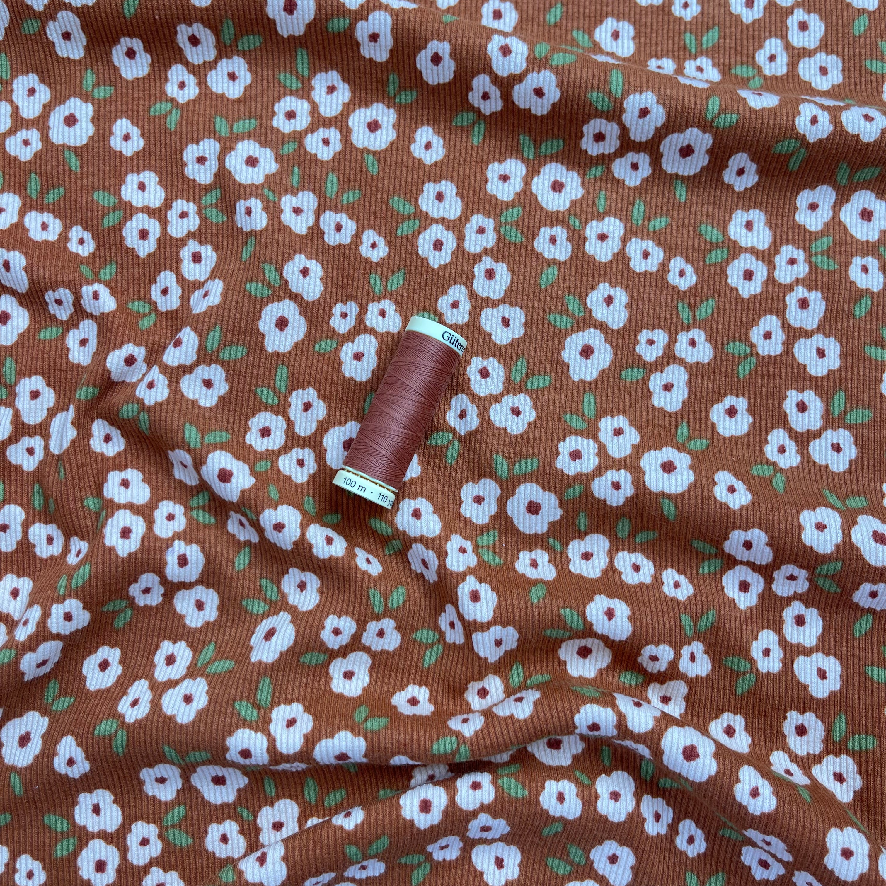 Blush Flowers on Cinnamon Cotton Ribbed Jersey