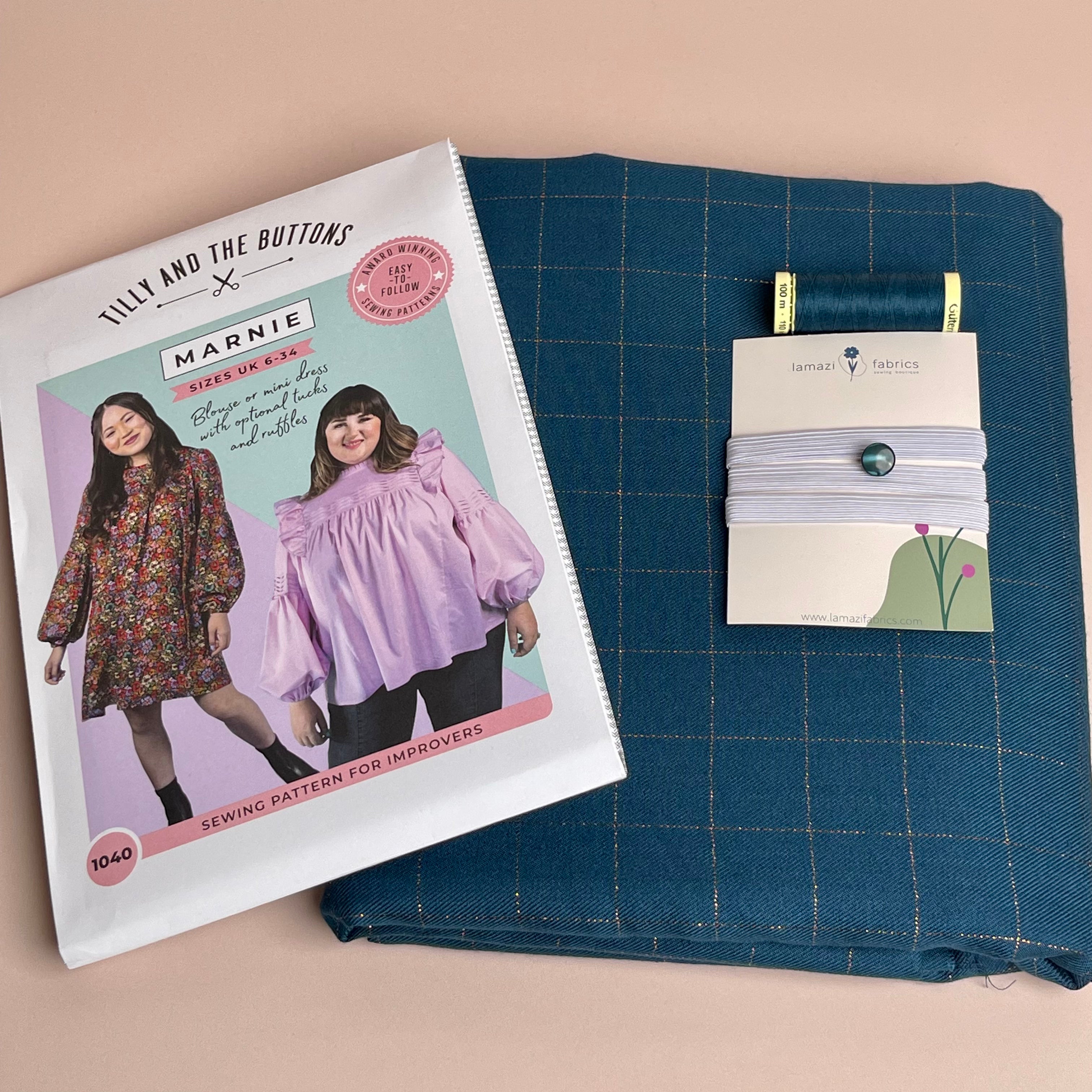 Sewing Kit - Marnie Blouse and Mini Dress in Checked Petrol Blue Viscose Twill