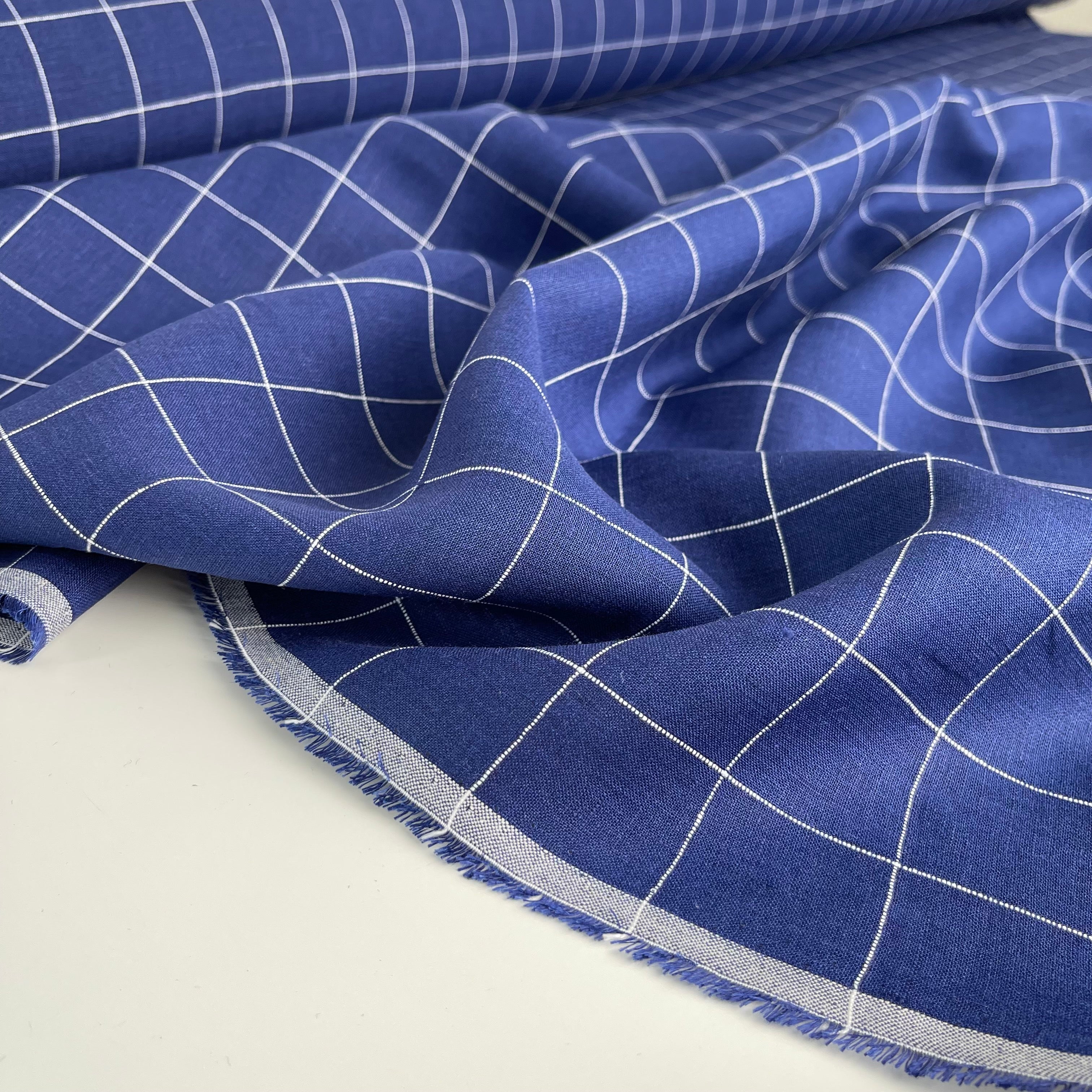REMNANT 0.67 Metre - Monochrome Checks Cobalt Blue Linen Fabric