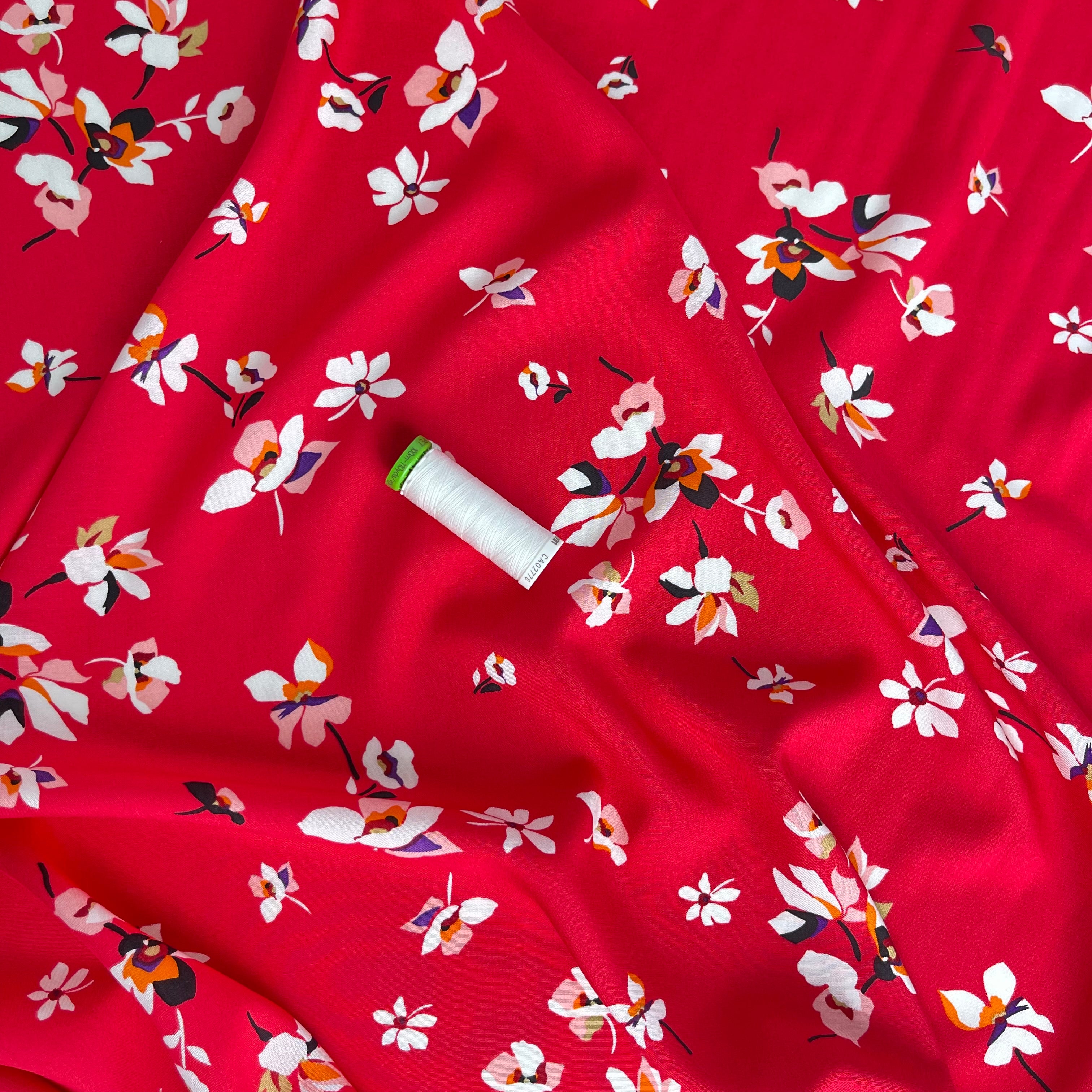 REMNANT 0.55 metre - Flowers on Red Viscose Fabric