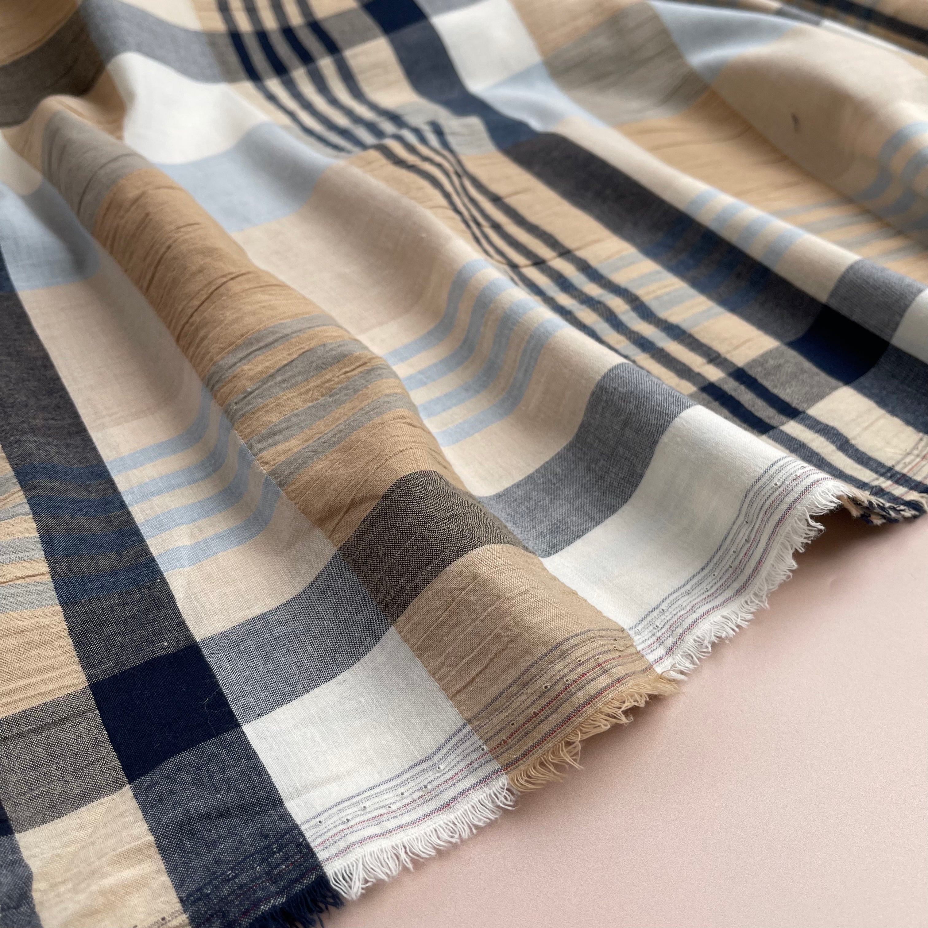 Yarn Dyed Checks in Blue and Beige Stretch Cotton Fabric