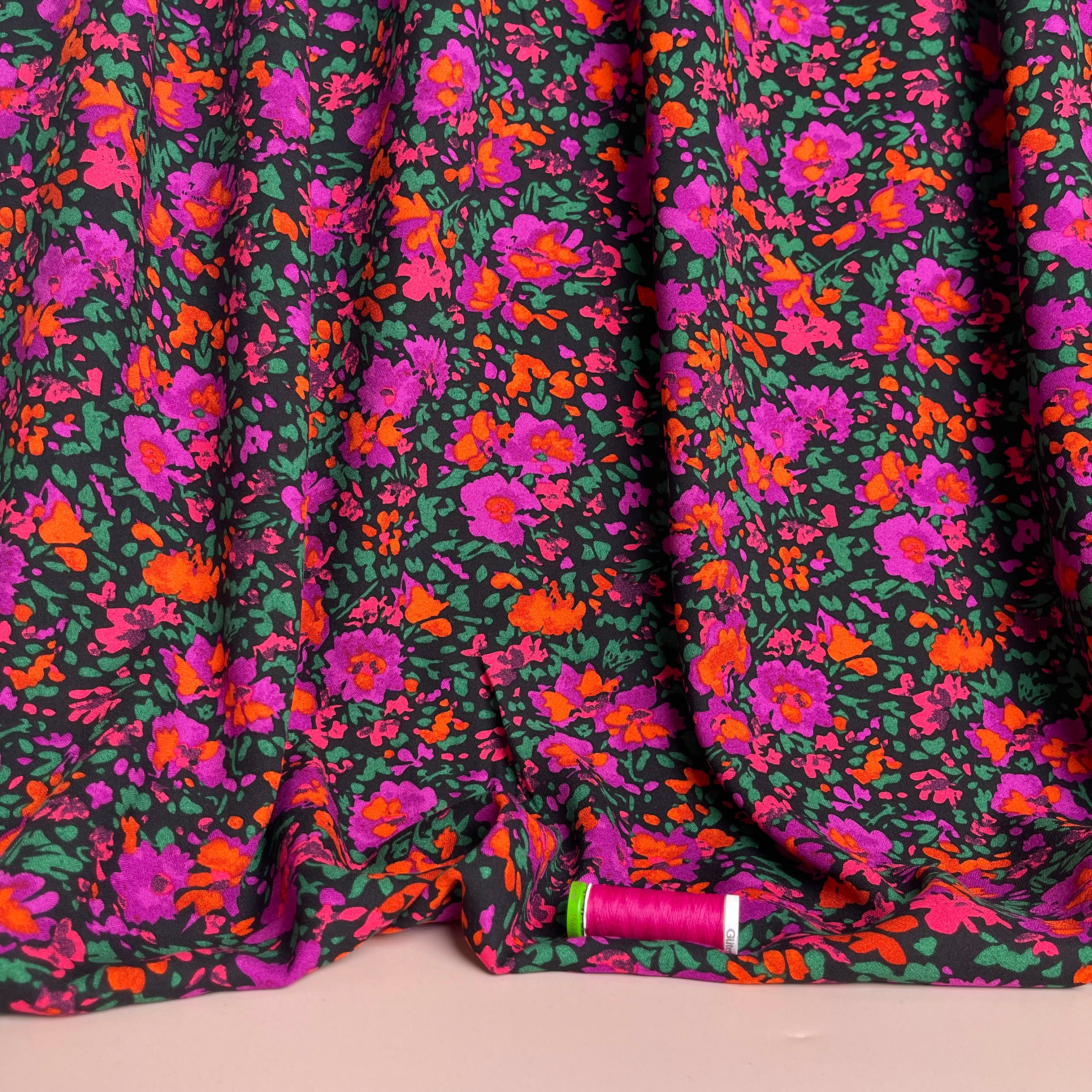Watercolour Magenta Blooms Soft Viscose Crepe Fabric