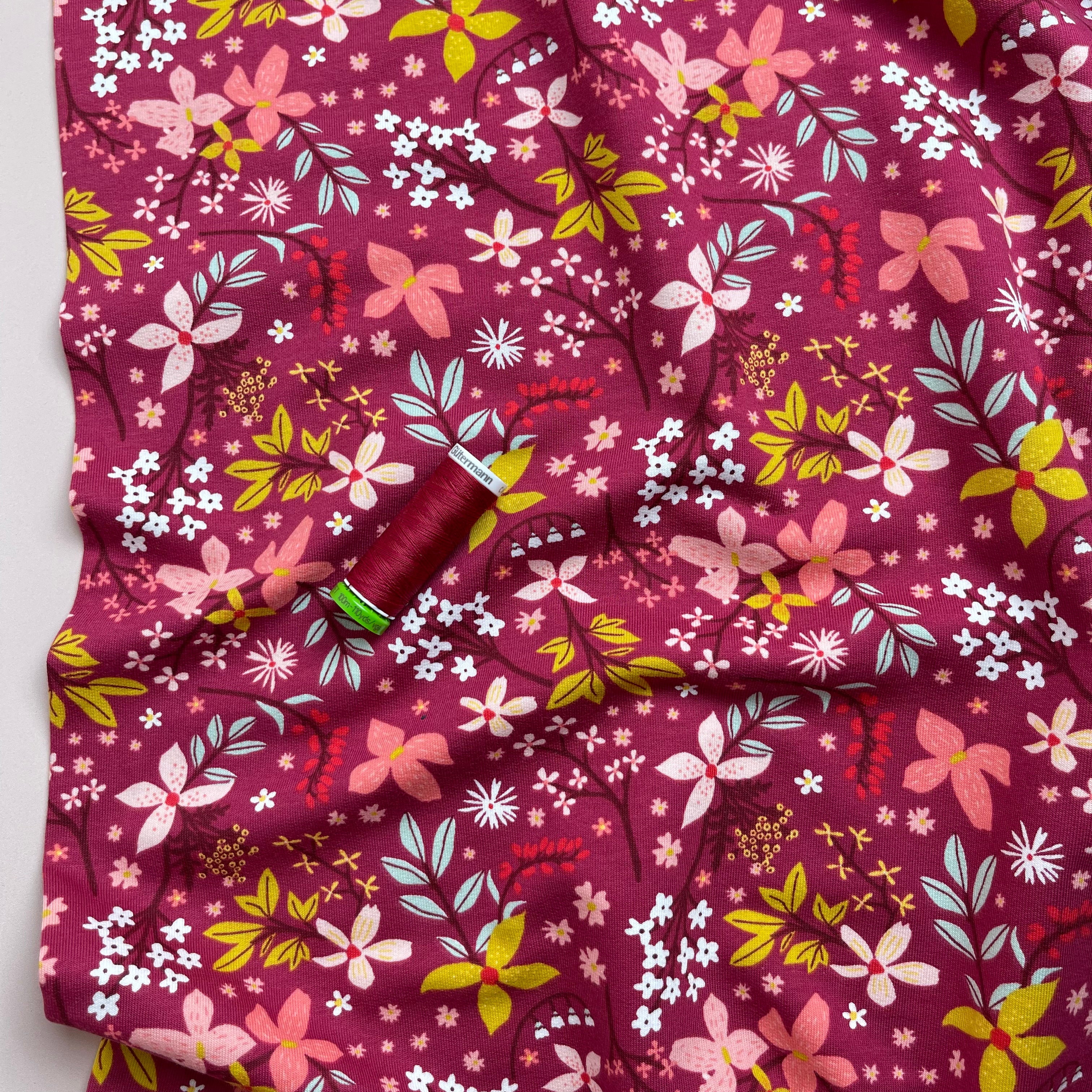 Flowers in Berry Cotton French Terry Fabric