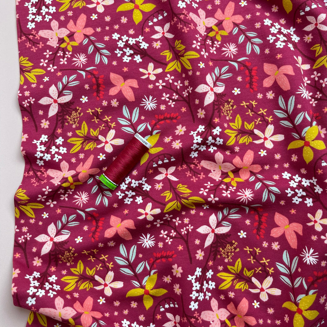 Flowers in Berry Cotton French Terry Fabric