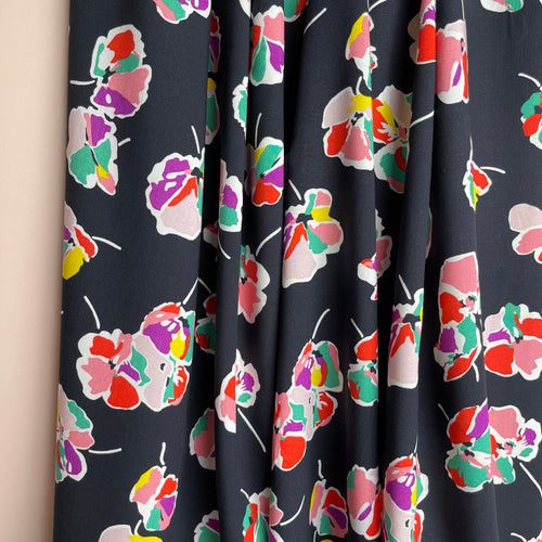 Rainbow Flowers on Black Viscose Fabric